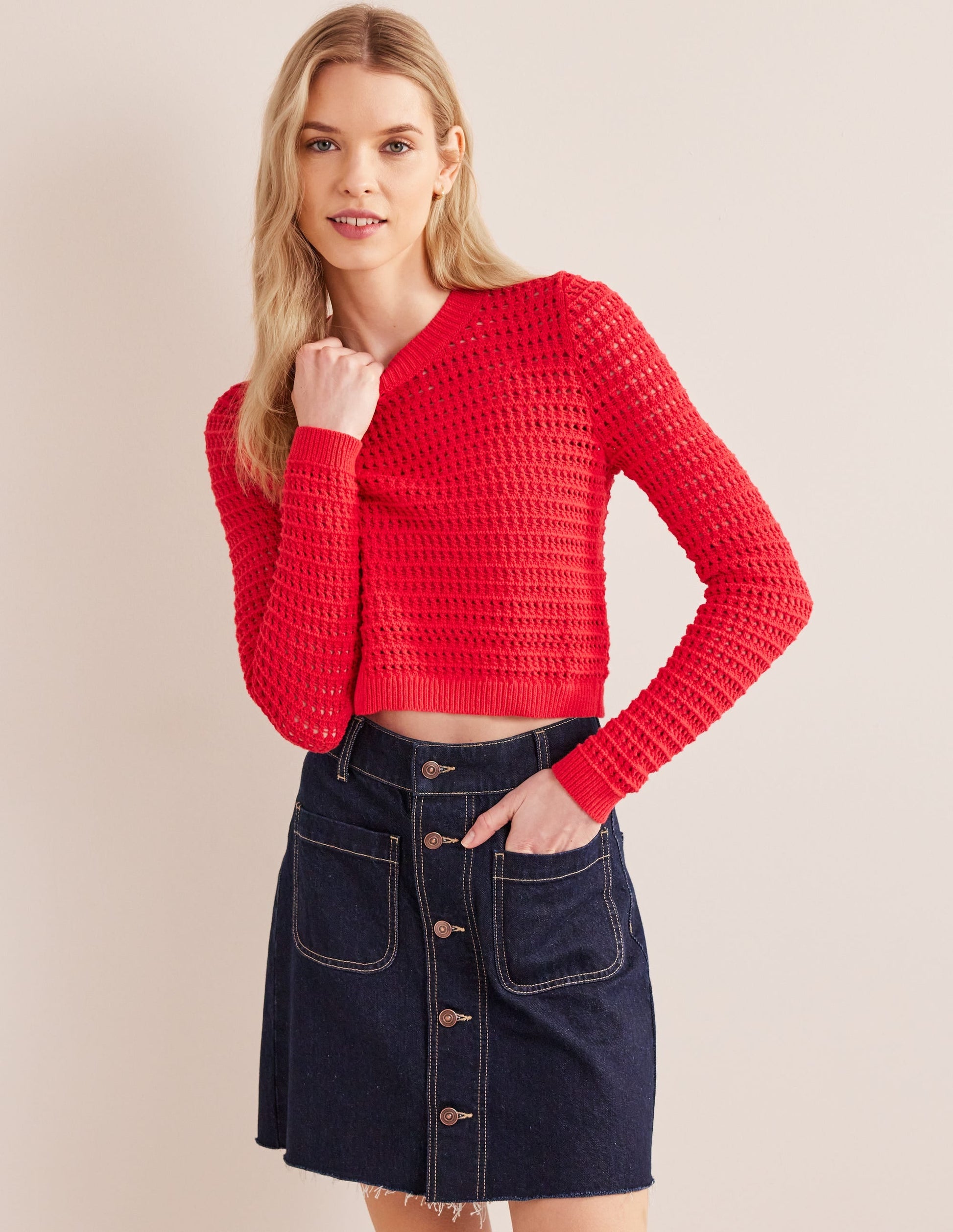Cropped Crochet Jumper-High Risk Red-4