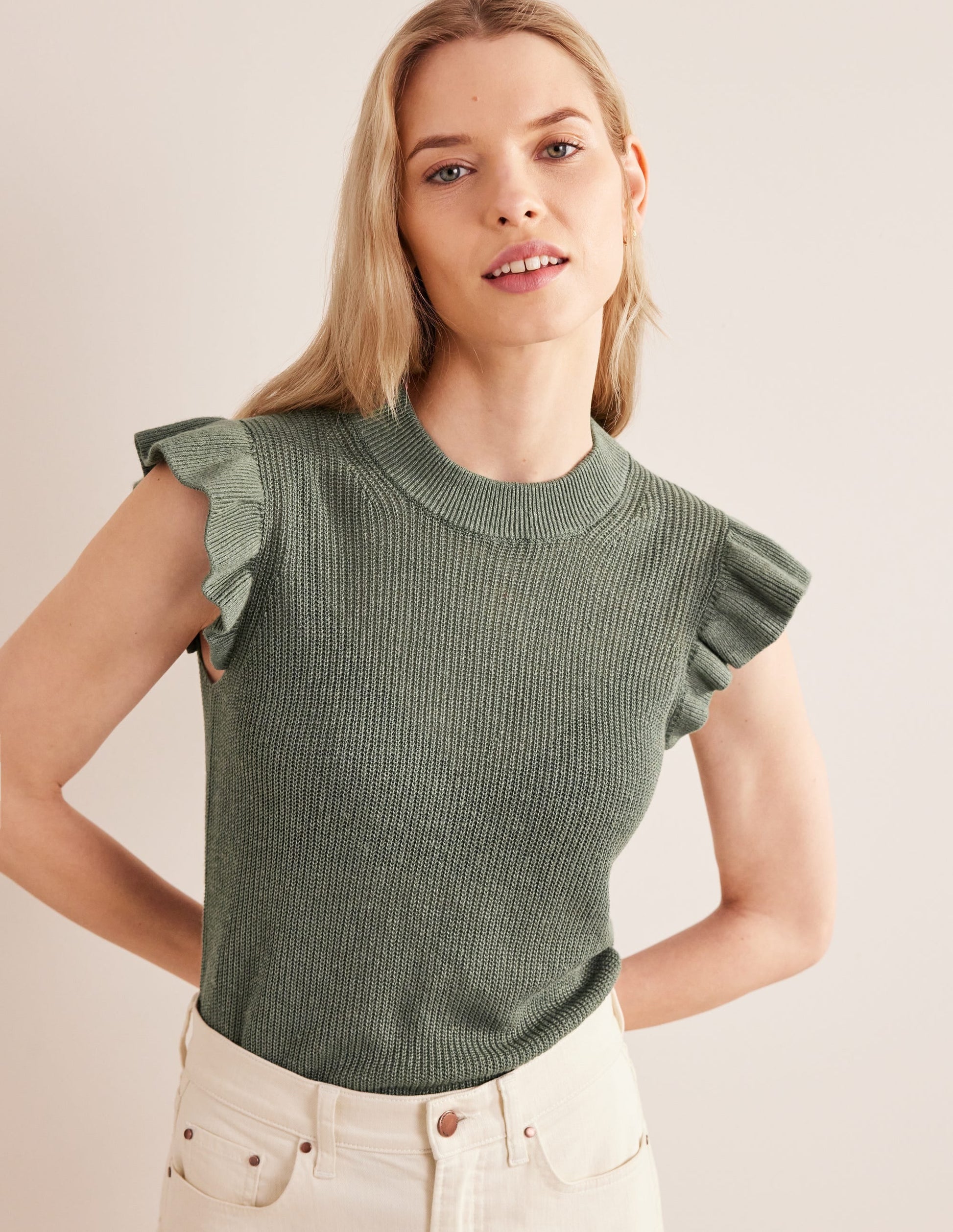 Ribbed Frill Linen Vest-Alder-1