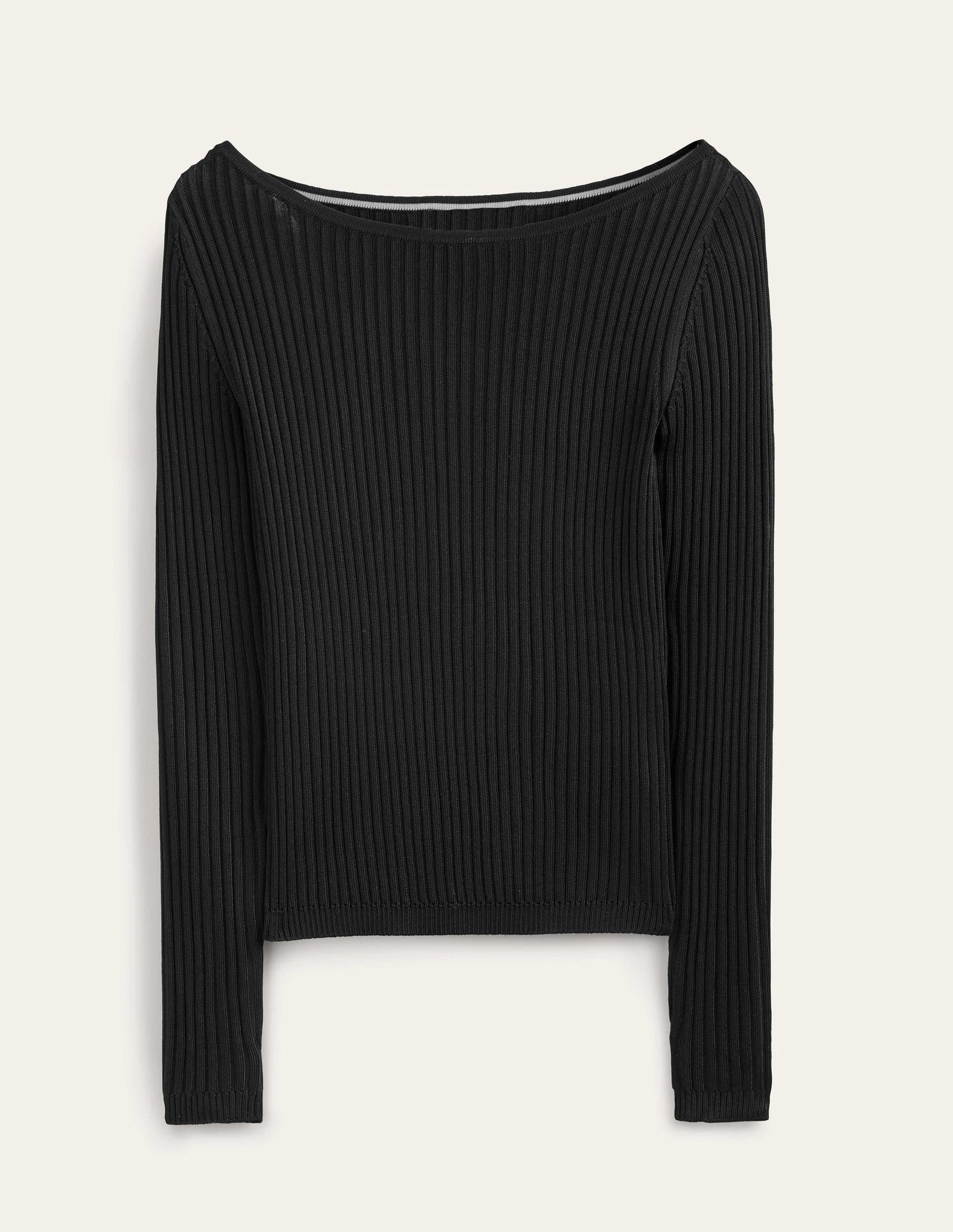 Ribbed Slash Neck Jumper-Black-5
