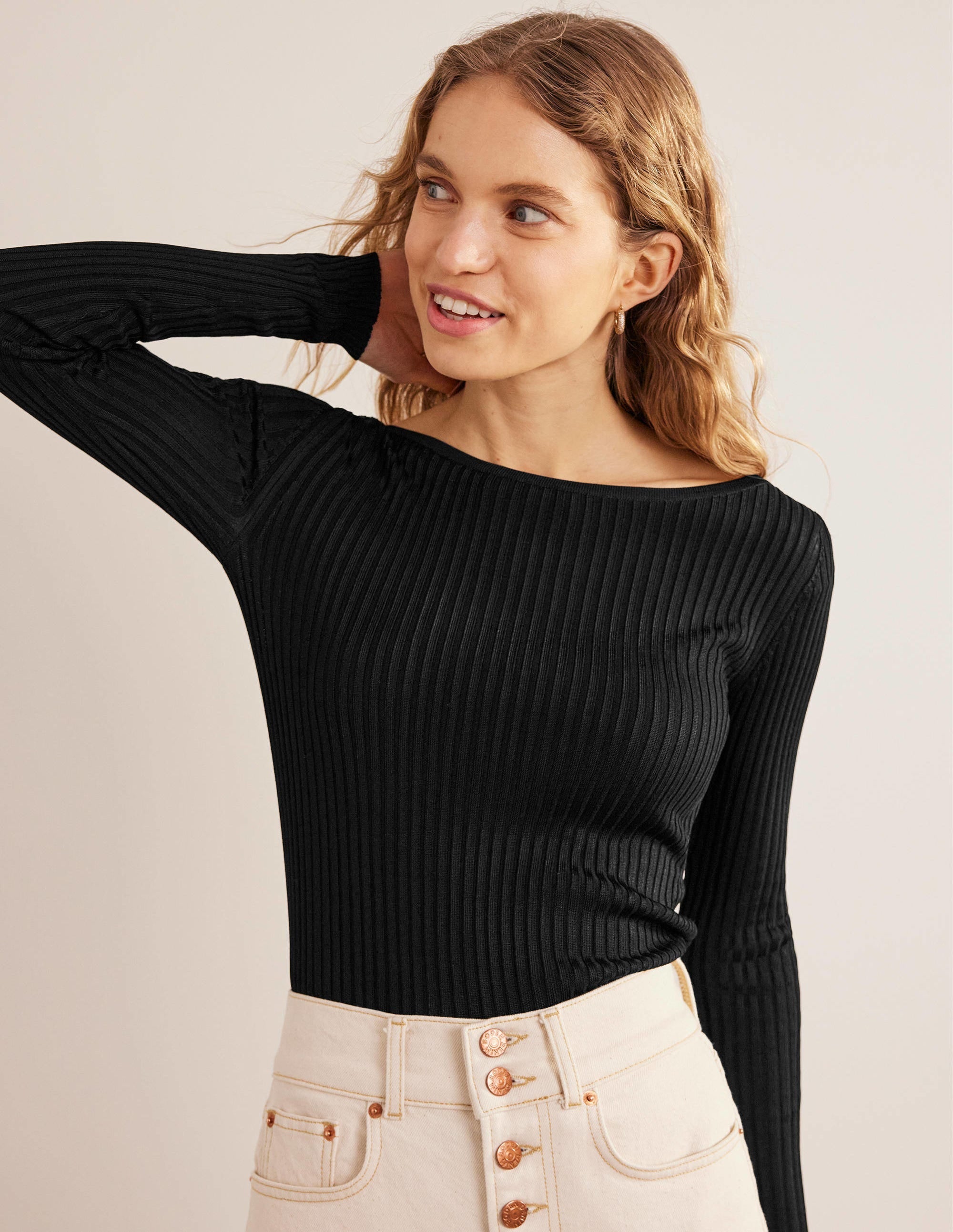 Ribbed Slash Neck Jumper-Black - Image 1