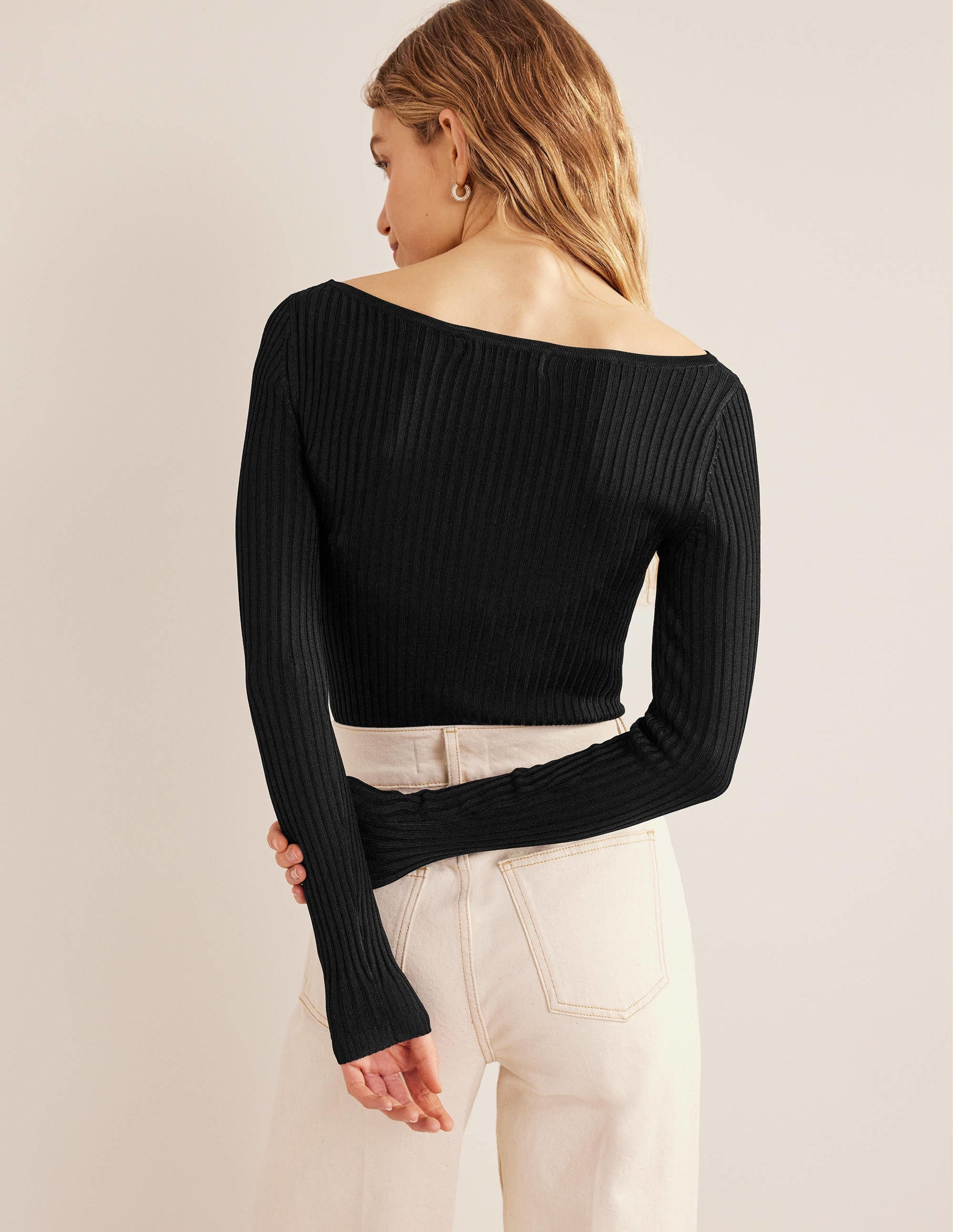 Ribbed Slash Neck Jumper-Black - Image 3