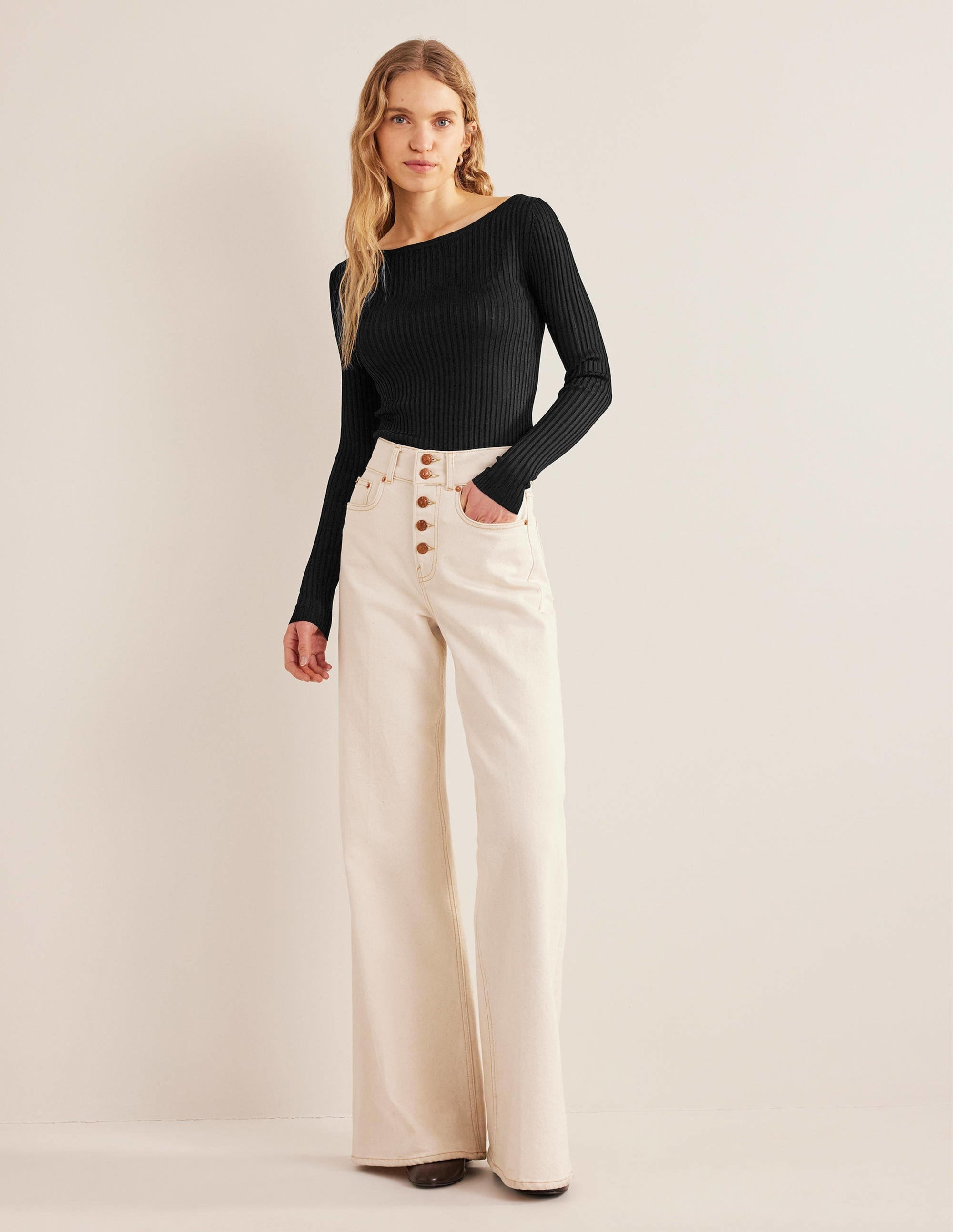 Ribbed Slash Neck Jumper-Black - Image 4