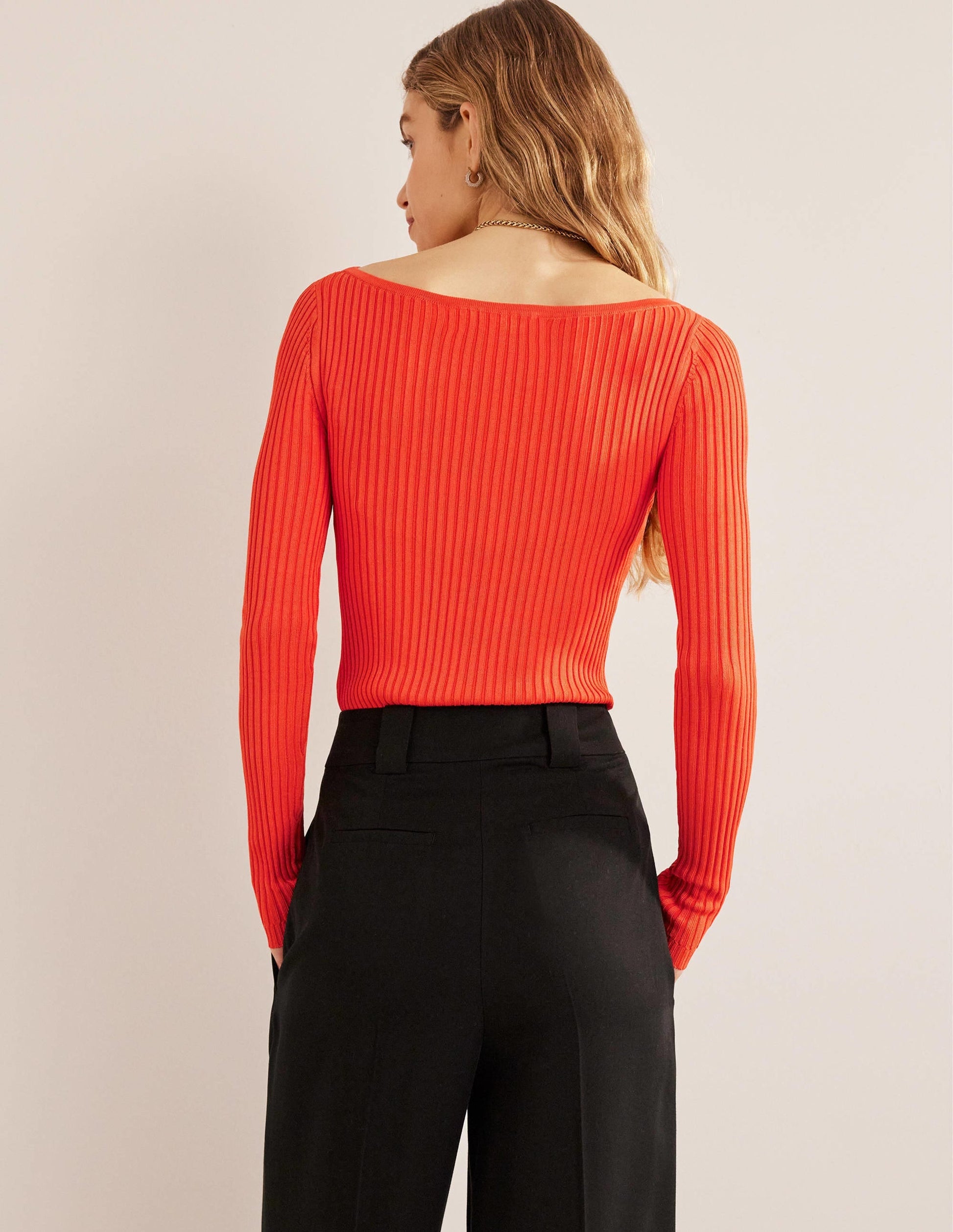 Ribbed Slash Neck Jumper-Vermillion Red-3