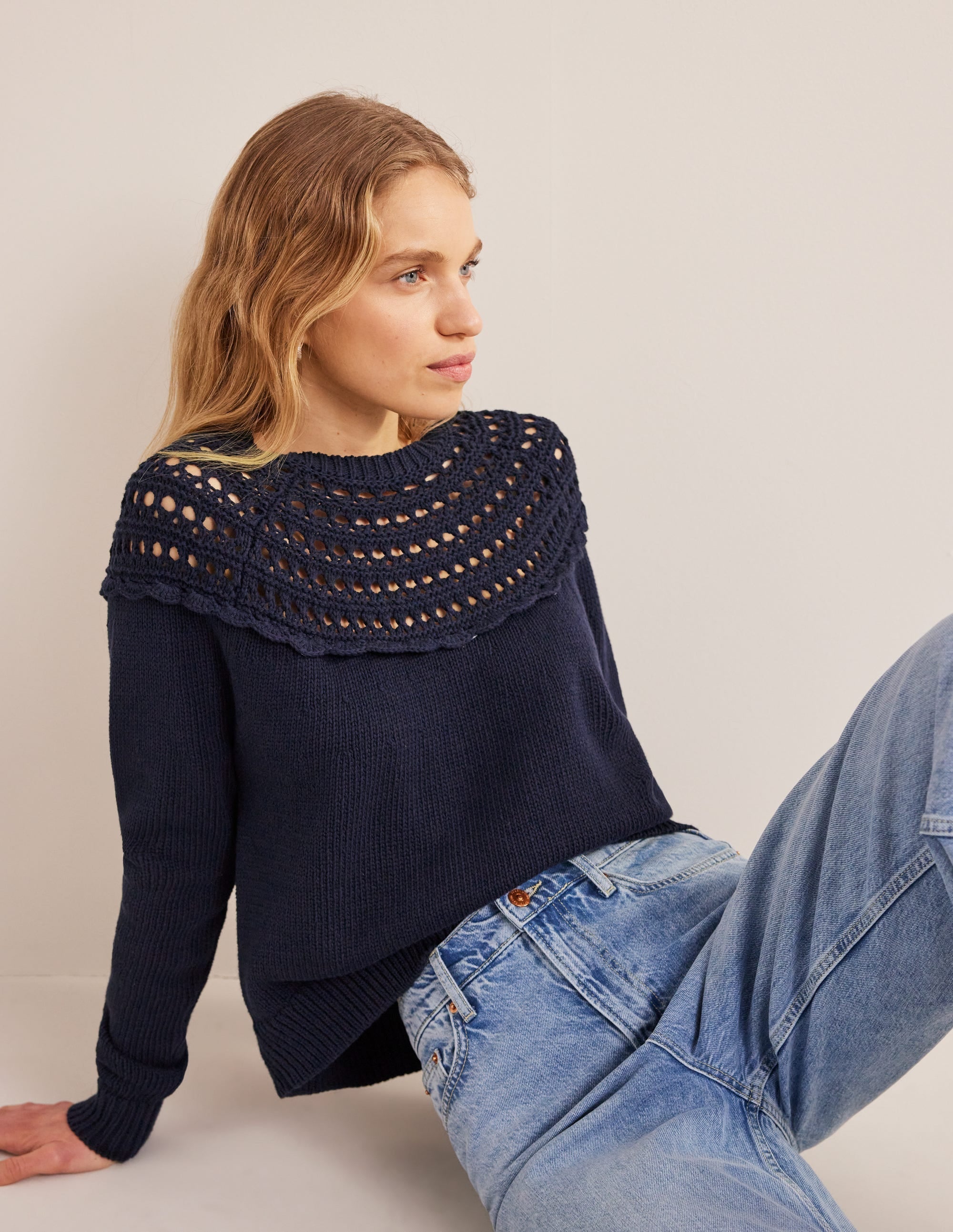 Crochet Yoke Jumper-Navy - Image 4