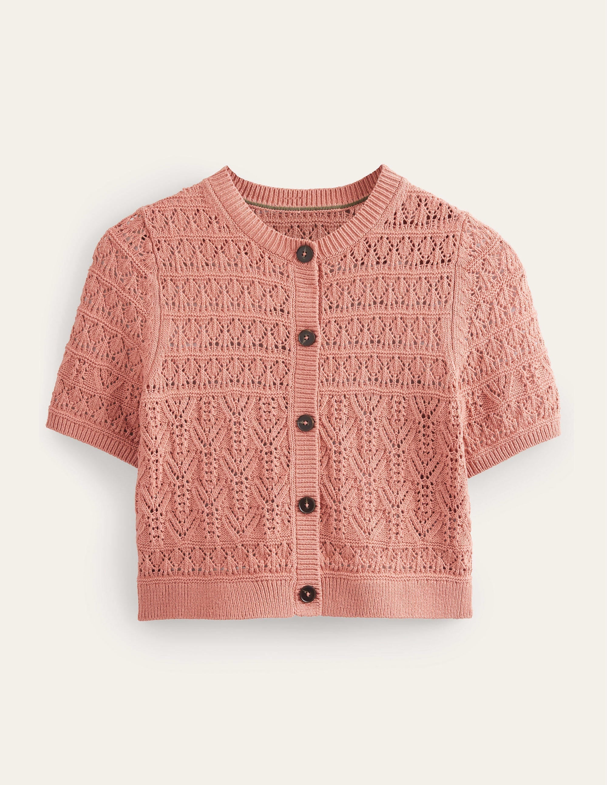 Pointelle Crew Neck Cardigan-Rose Pink - Image 6