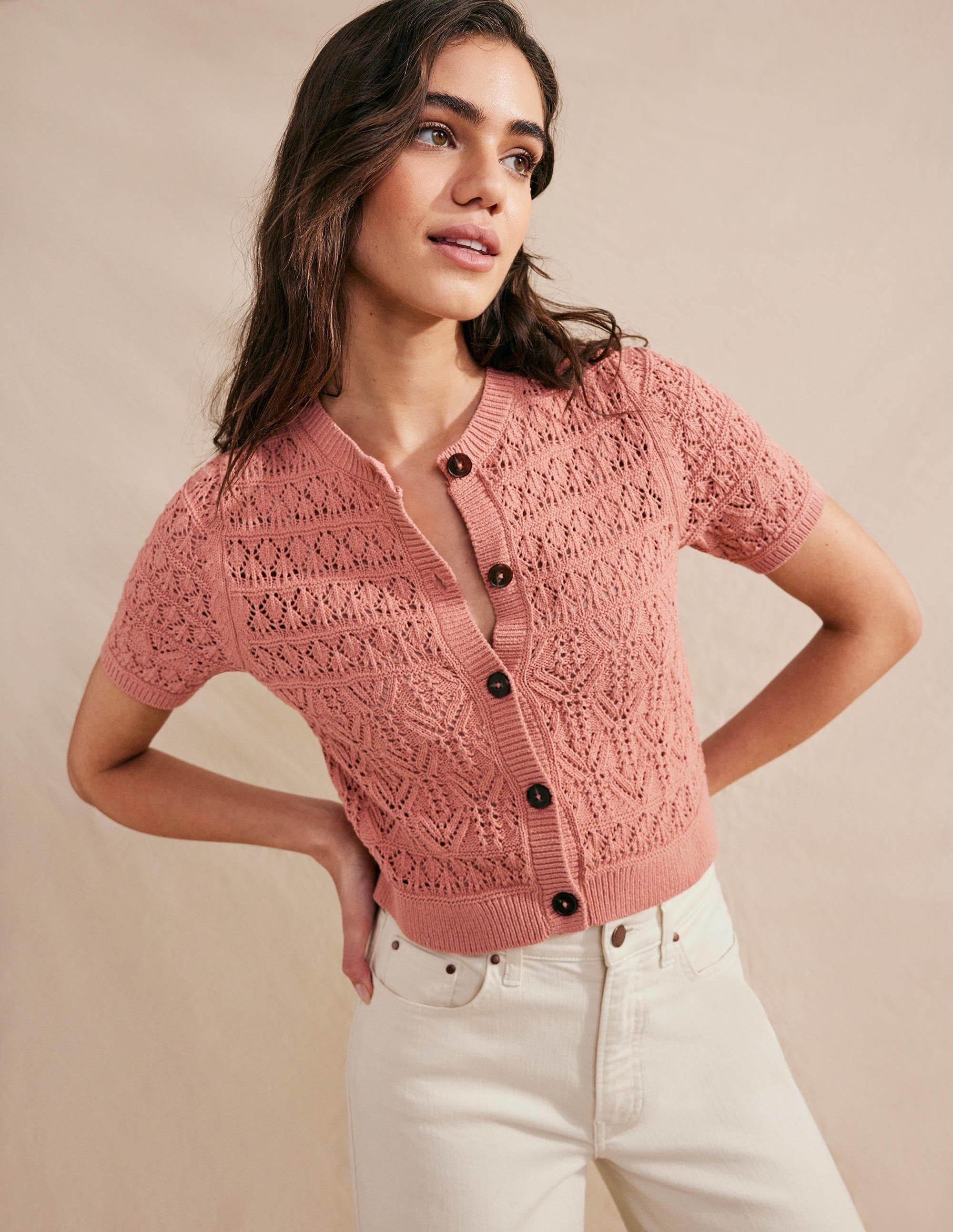 Pointelle Crew Neck Cardigan-Rose Pink - Image 1