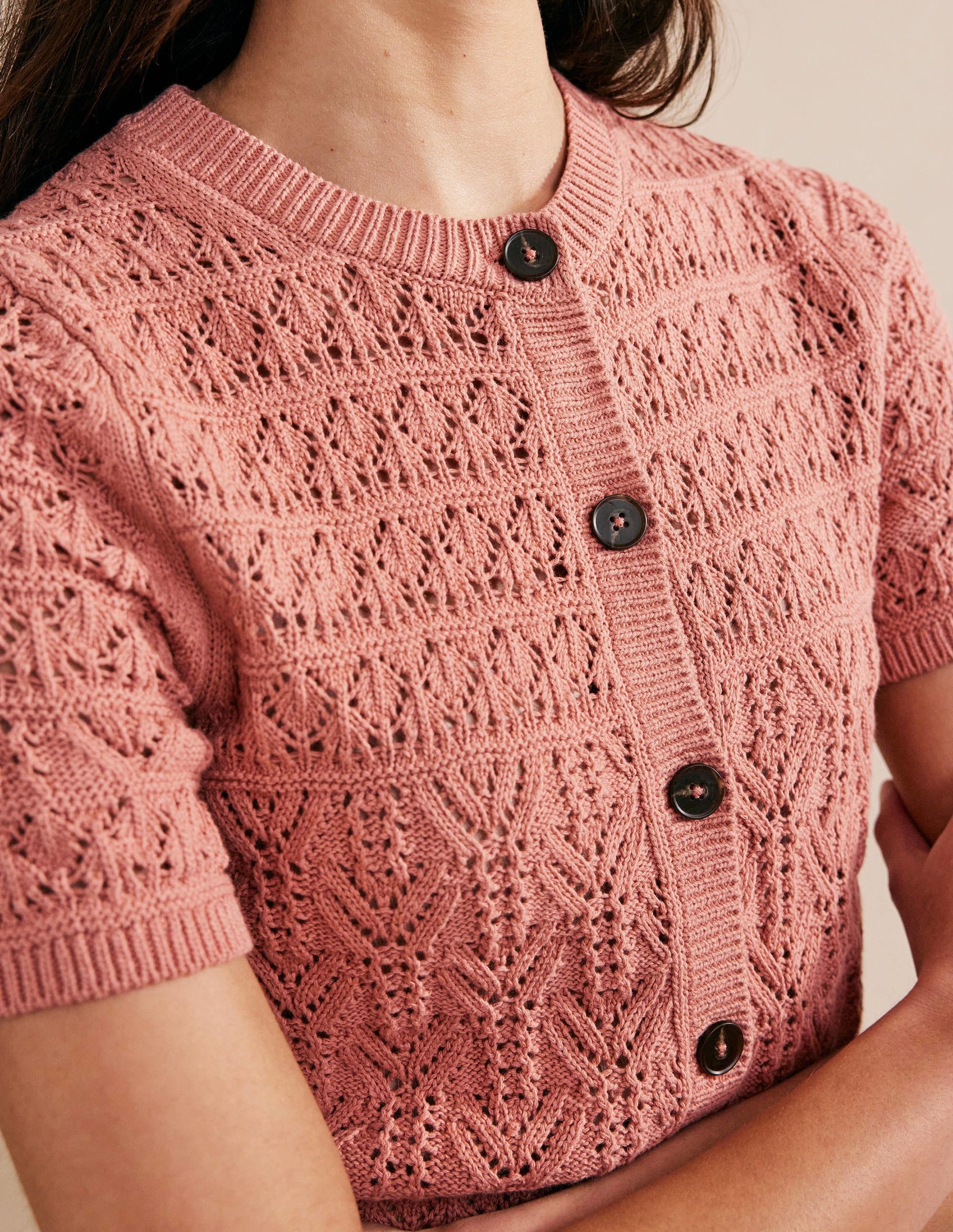 Pointelle Crew Neck Cardigan-Rose Pink-2