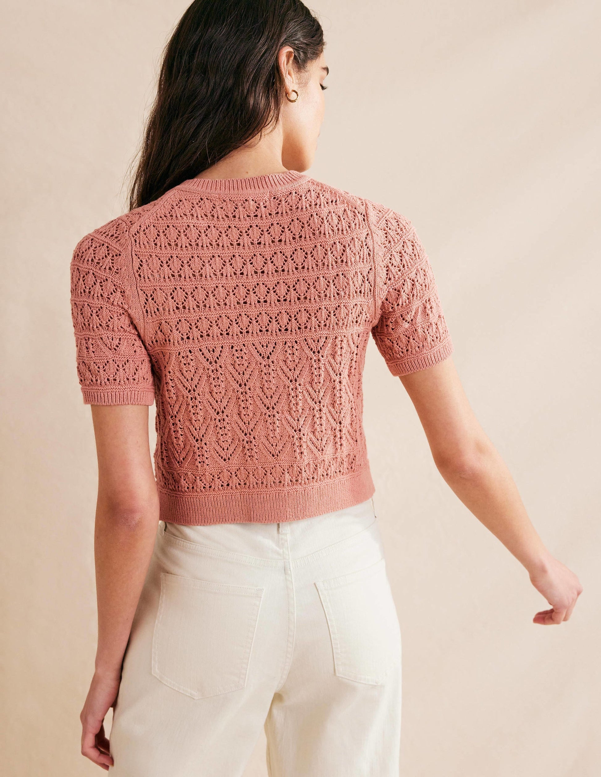 Pointelle Crew Neck Cardigan-Rose Pink-3