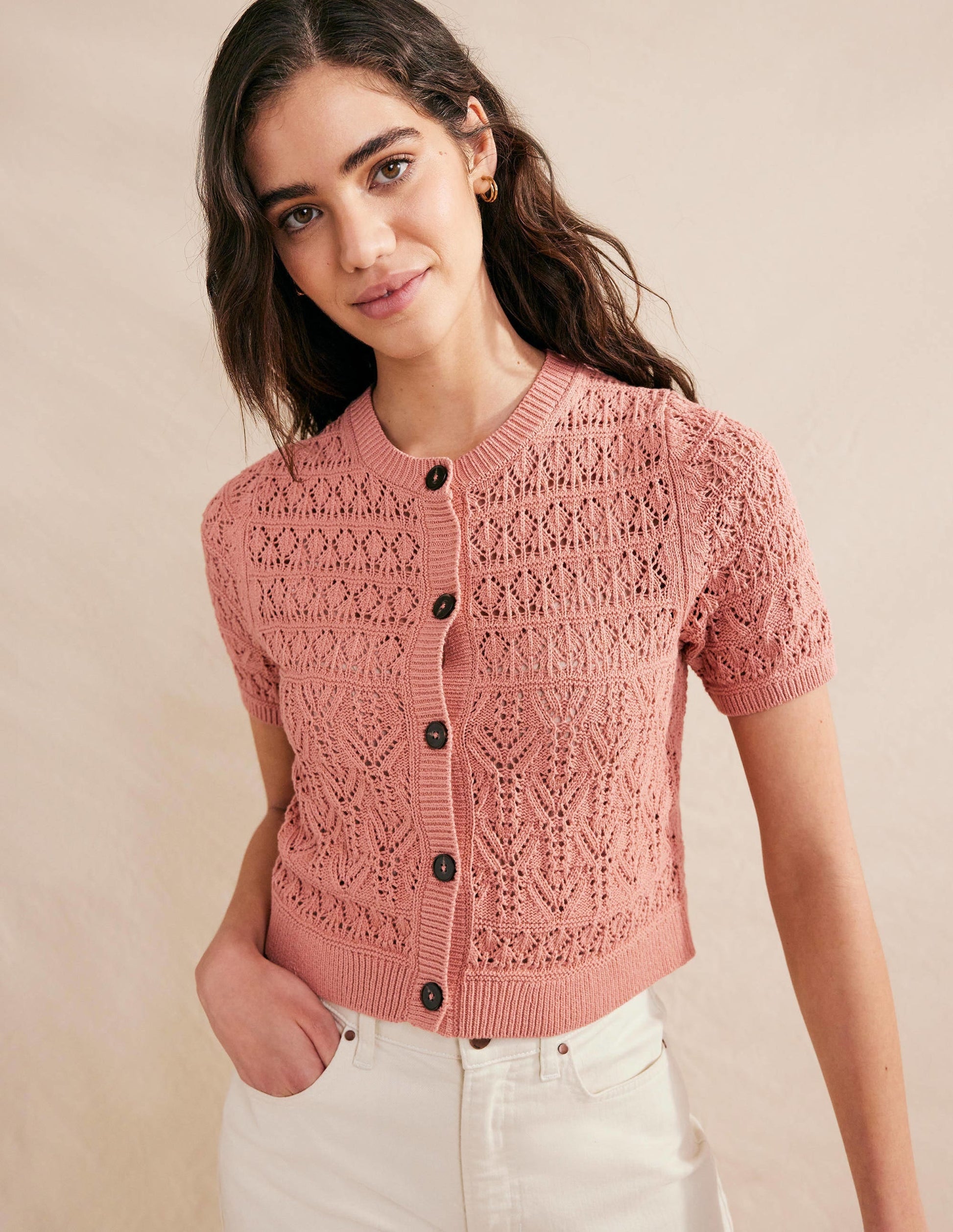 Pointelle Crew Neck Cardigan-Rose Pink-4