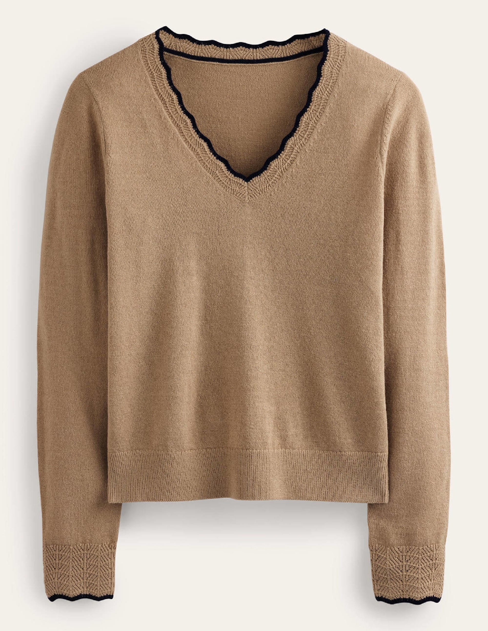 Merino Scallop V-Neck Jumper-Camel Melange - Image 5