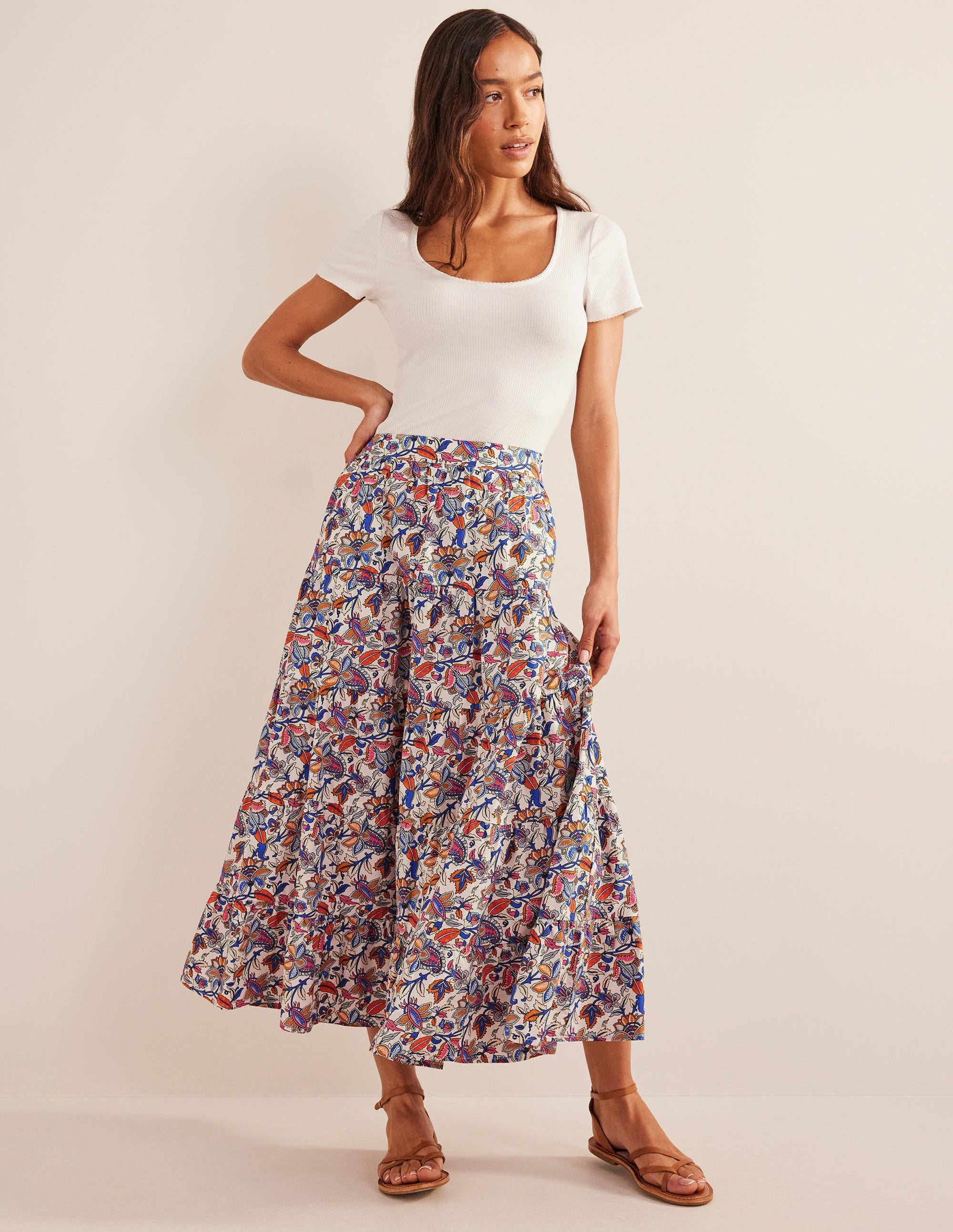 Tiered Poplin Midi Skirt-Nebulas Blue, Paisley Vine - Image 1