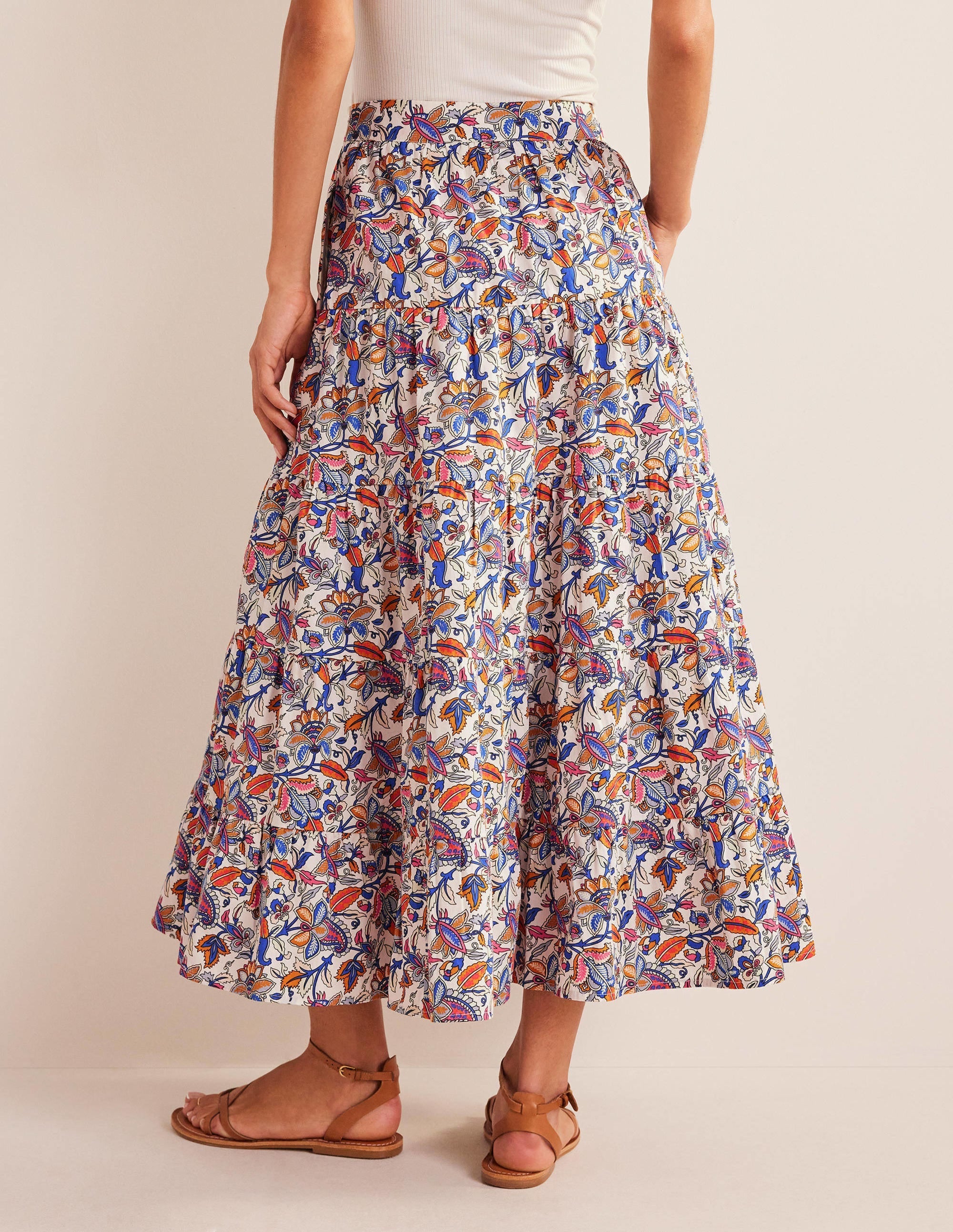 Tiered Poplin Midi Skirt-Nebulas Blue, Paisley Vine - Image 3