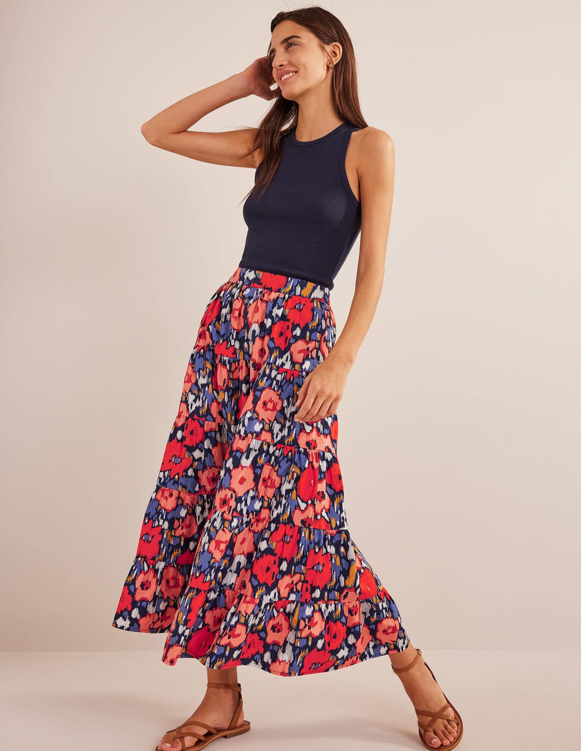 Tiered Poplin Midi Skirt-Navy, Abstract Poppy Large-1