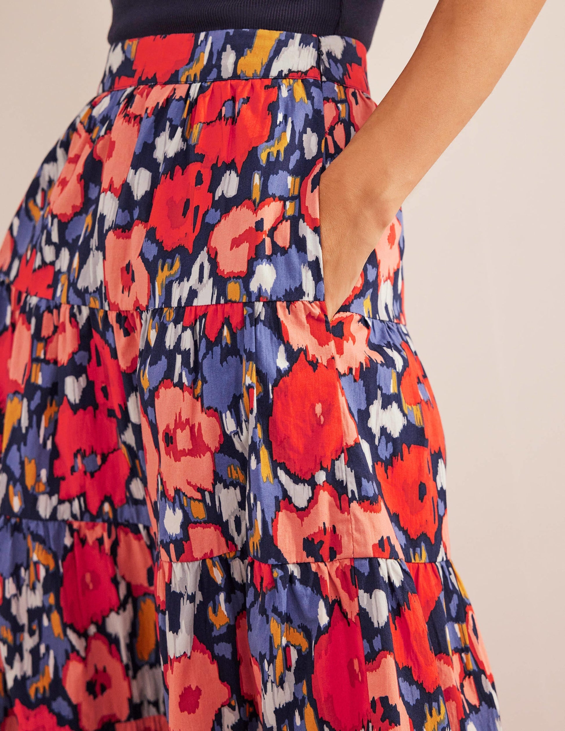 Tiered Poplin Midi Skirt-Navy, Abstract Poppy Large-2