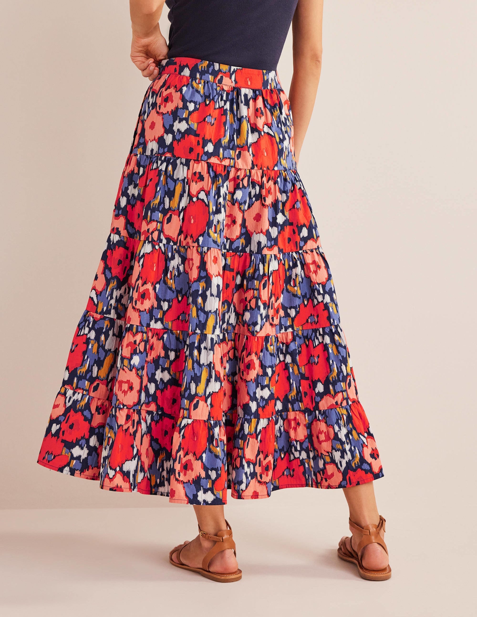 Tiered Poplin Midi Skirt-Navy, Abstract Poppy Large - Image 3