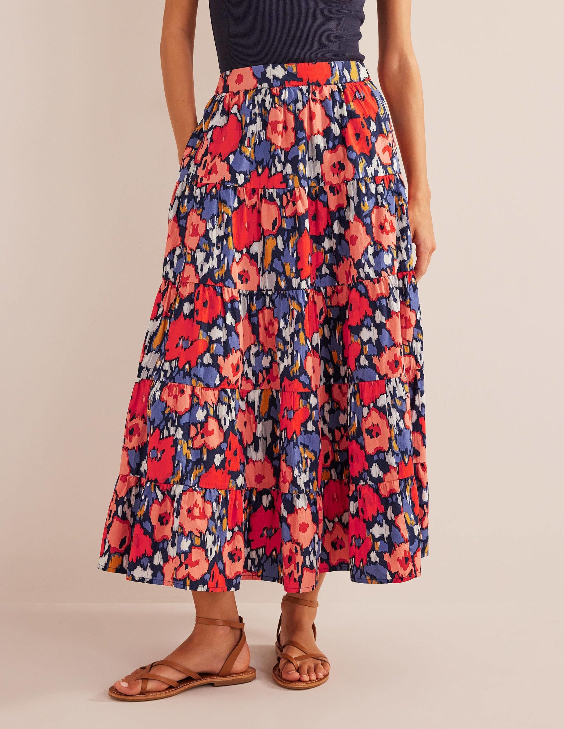 Tiered Poplin Midi Skirt-Navy, Abstract Poppy Large-4