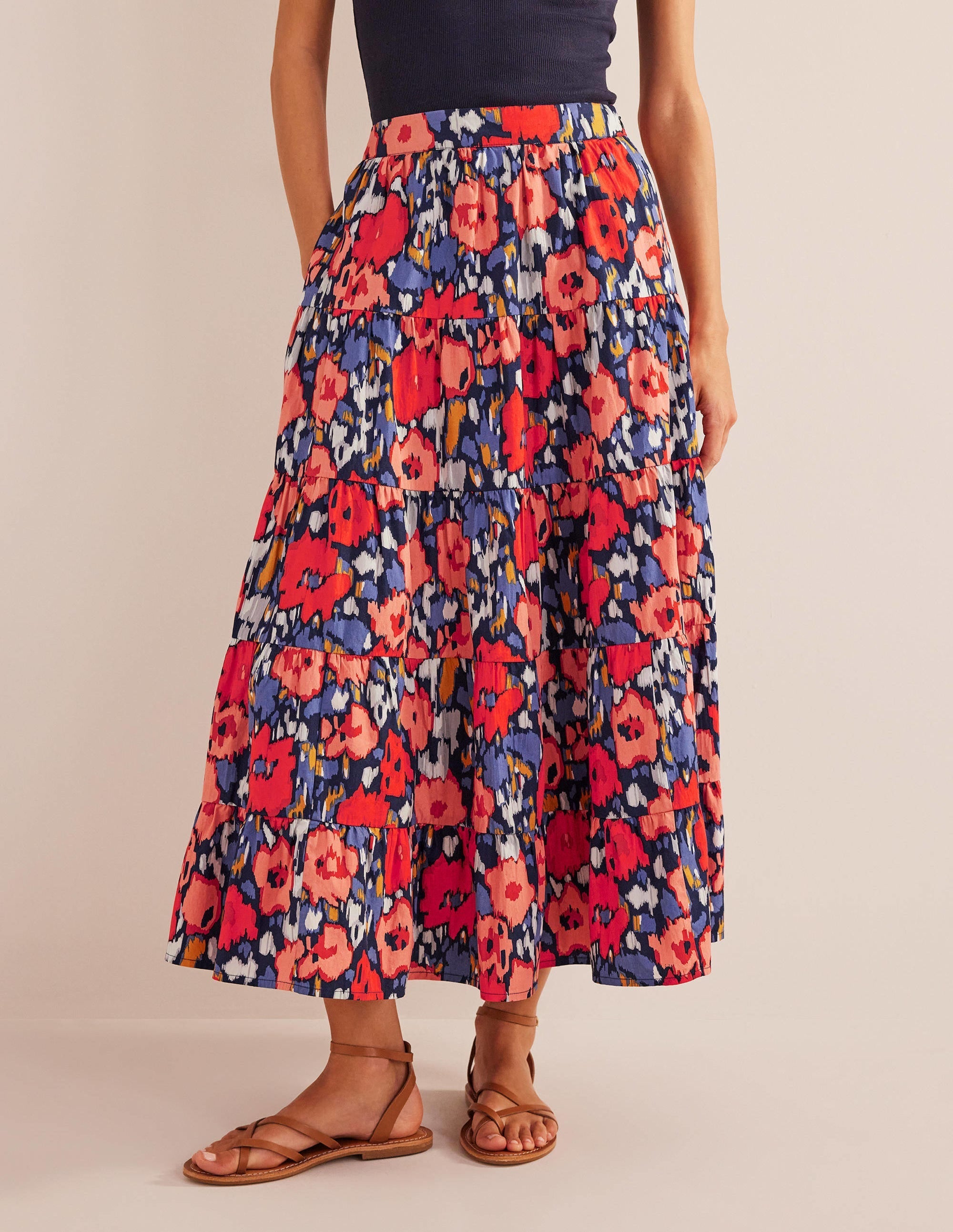 Tiered Poplin Midi Skirt-Navy, Abstract Poppy Large - Image 4