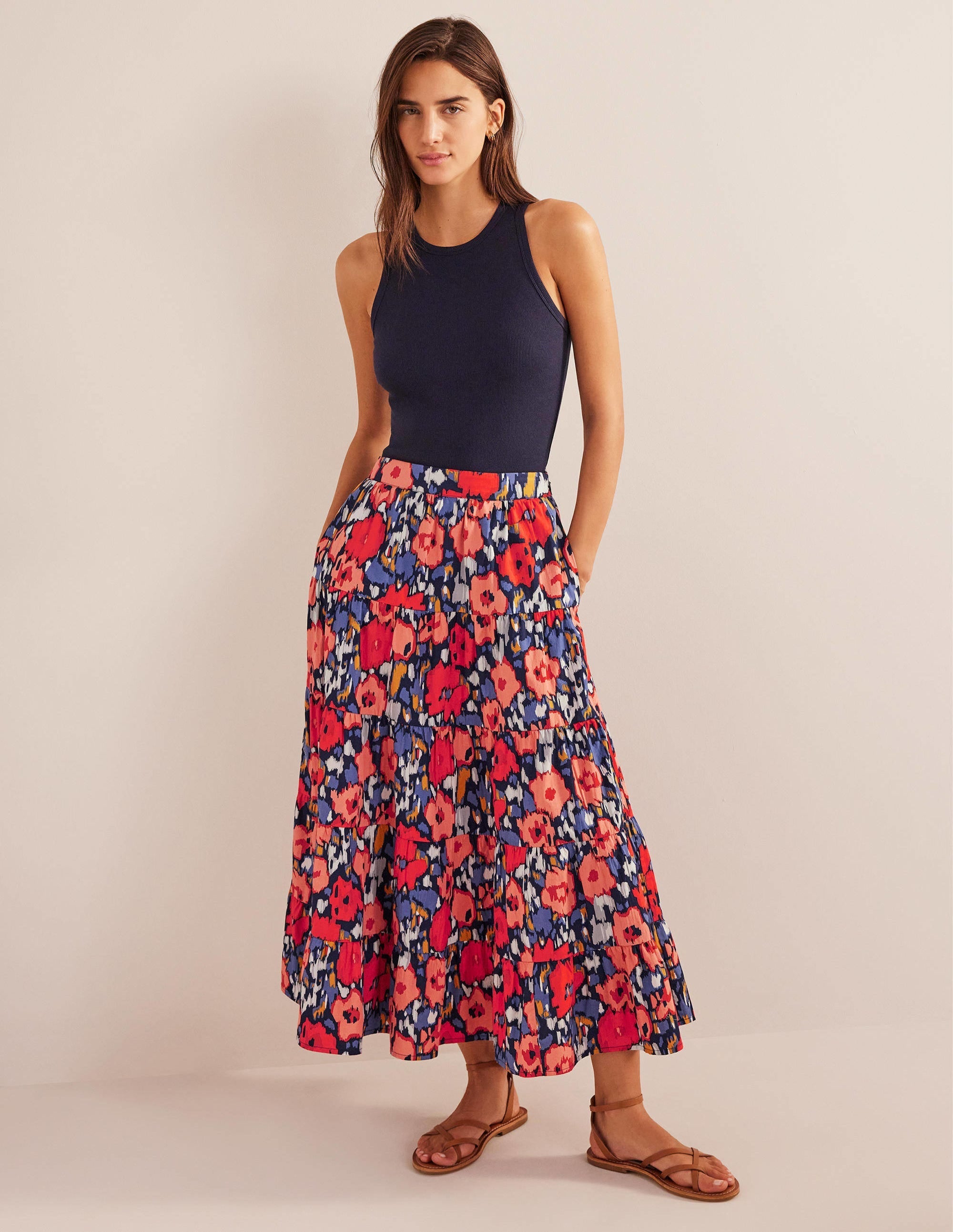Tiered Poplin Midi Skirt-Navy, Abstract Poppy Large - Image 5