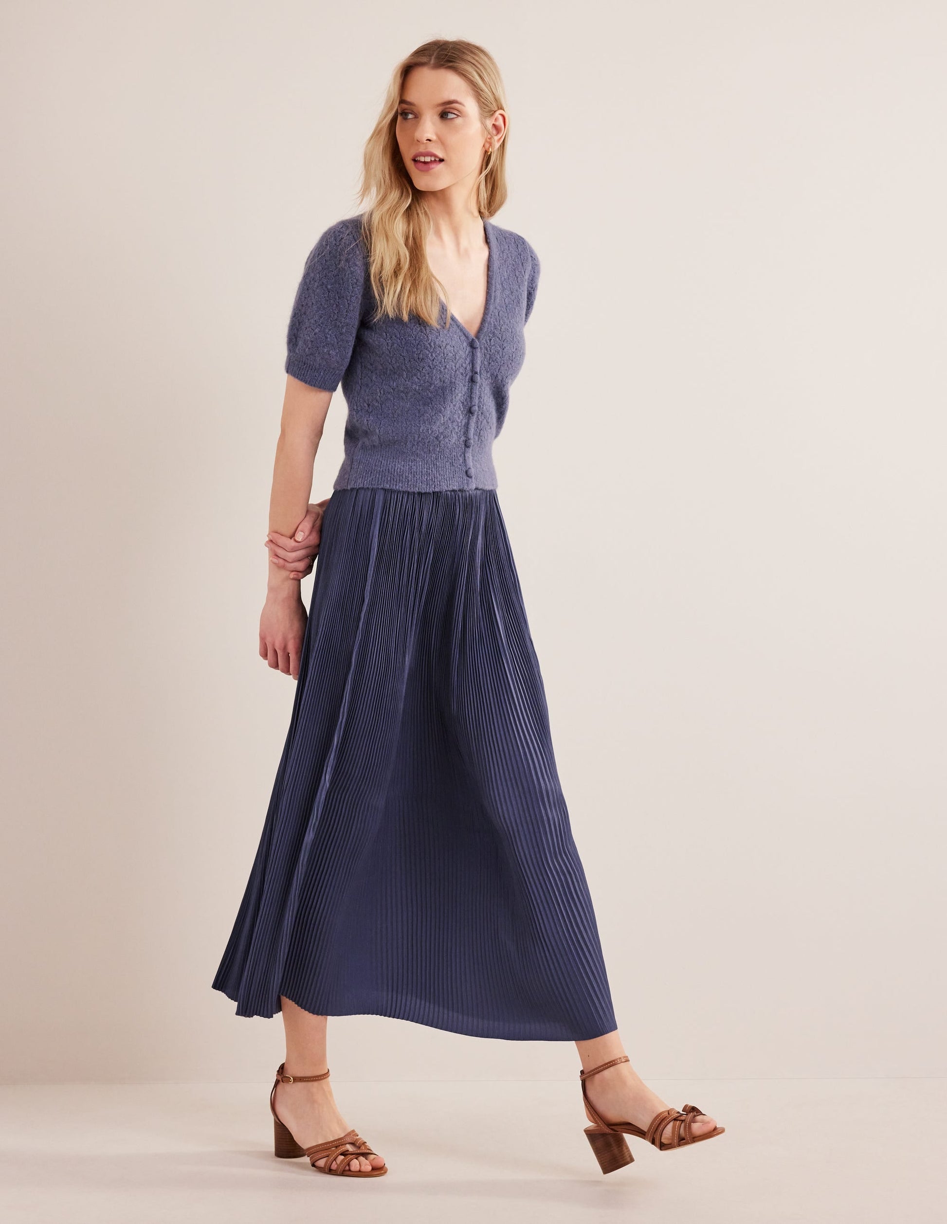 Pleated Satin Midi Skirt-Nightshade Blue-1