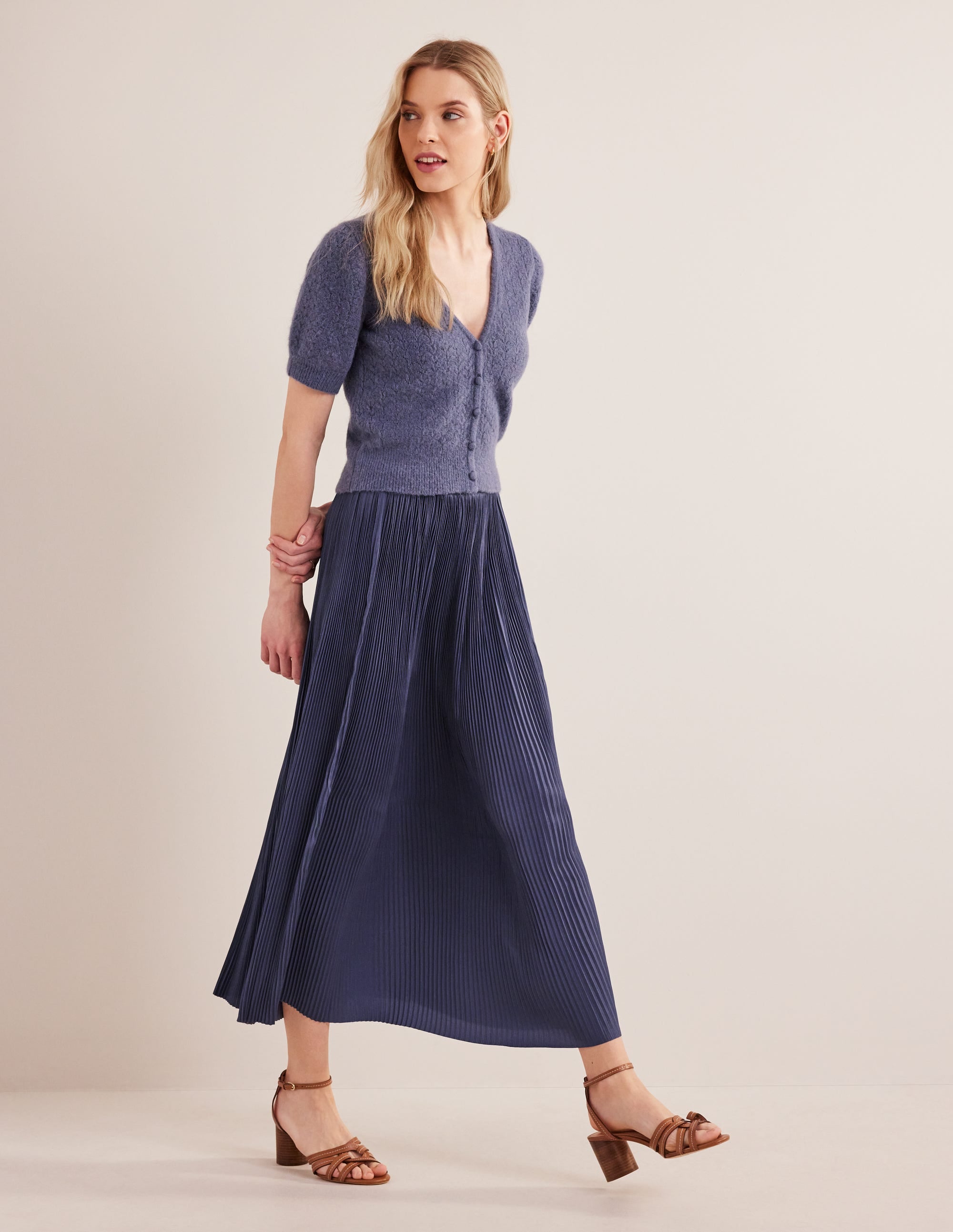 Pleated Satin Midi Skirt-Nightshade Blue - Image 1