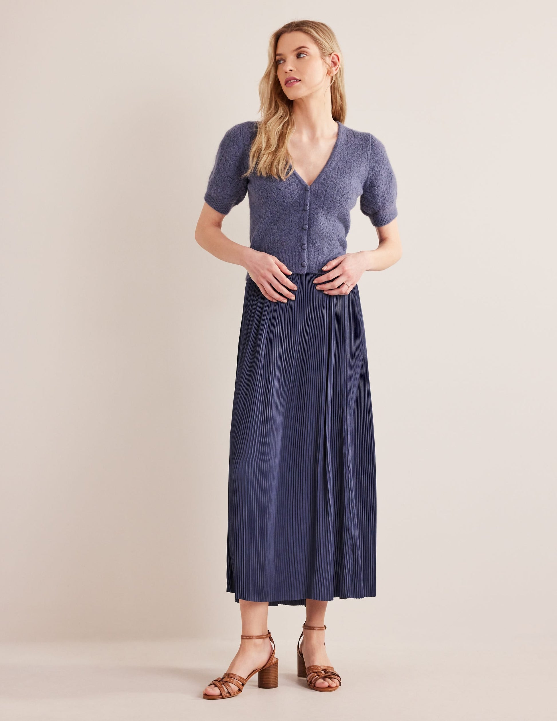 Pleated Satin Midi Skirt-Nightshade Blue-5