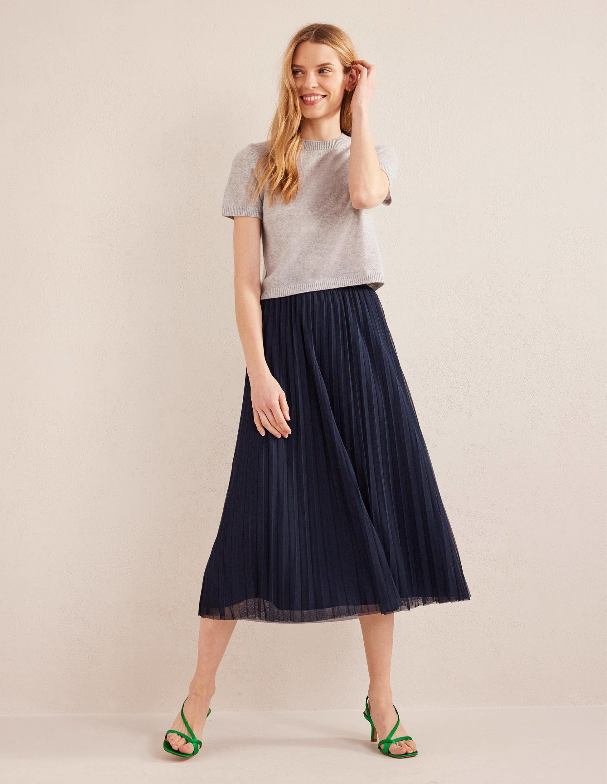 Pleated Tulle Skirt-Navy-1