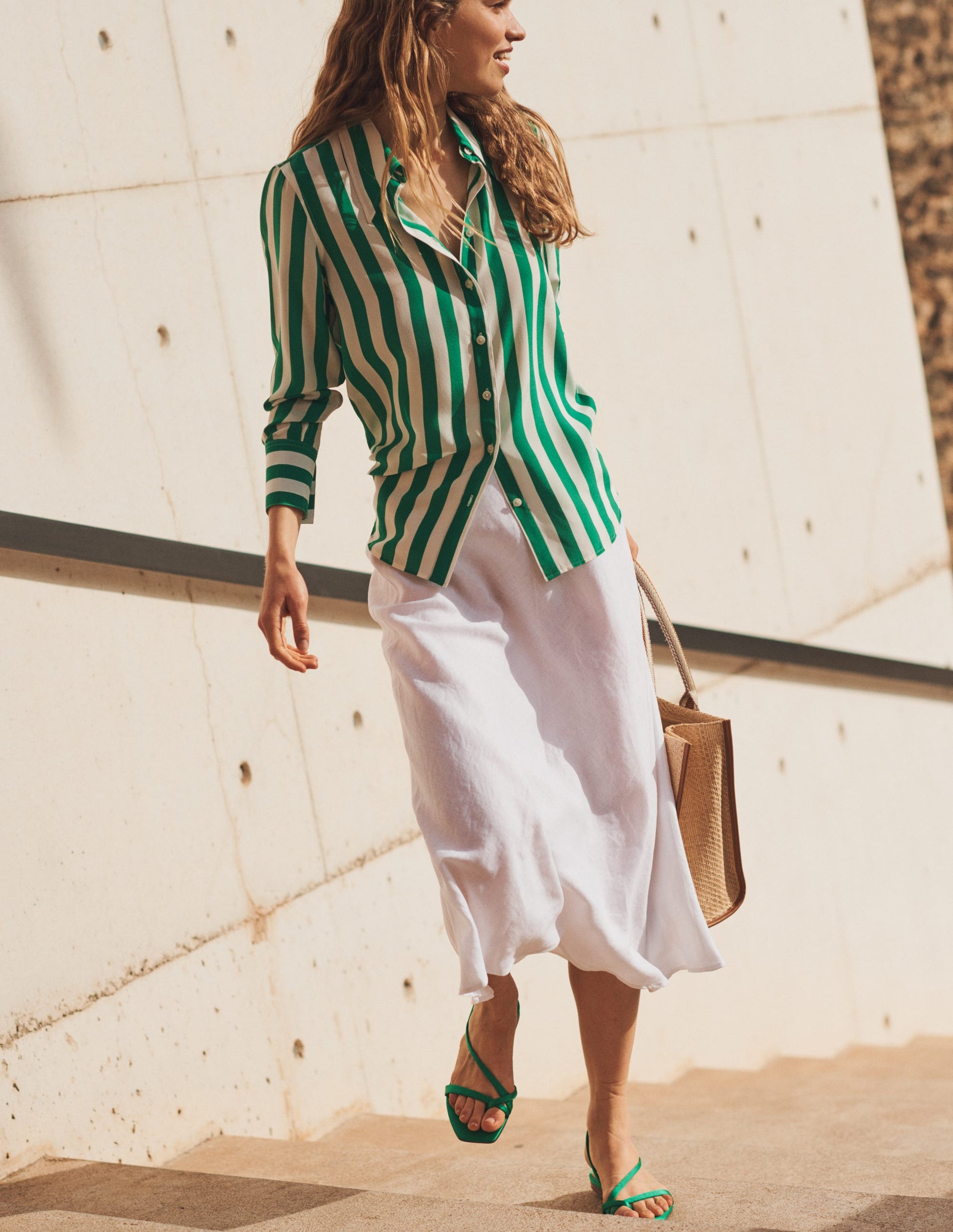 Bias Linen Midi Skirt-White-5