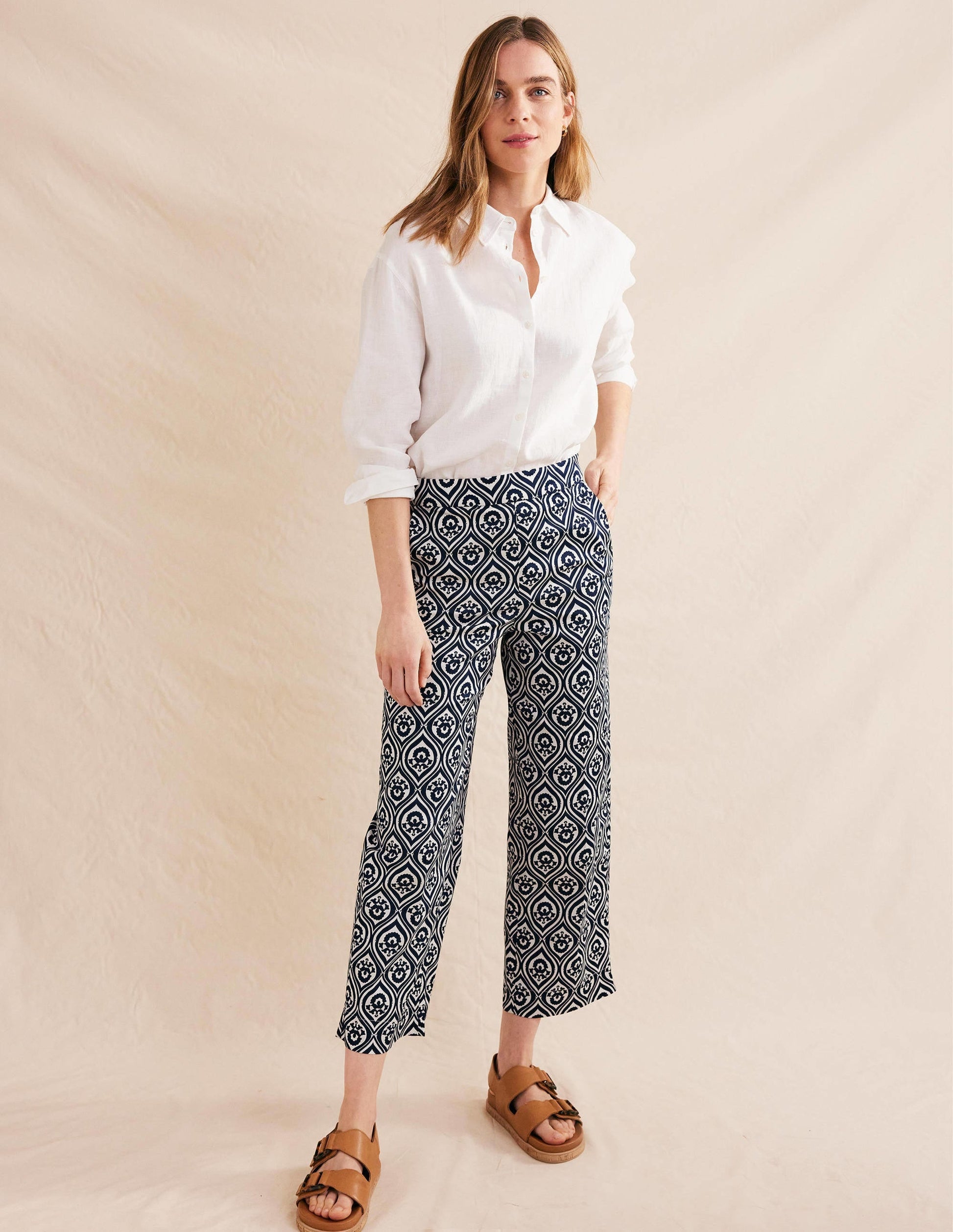 Printed Crop Trousers-French Navy, Geo Cascade Mono-1