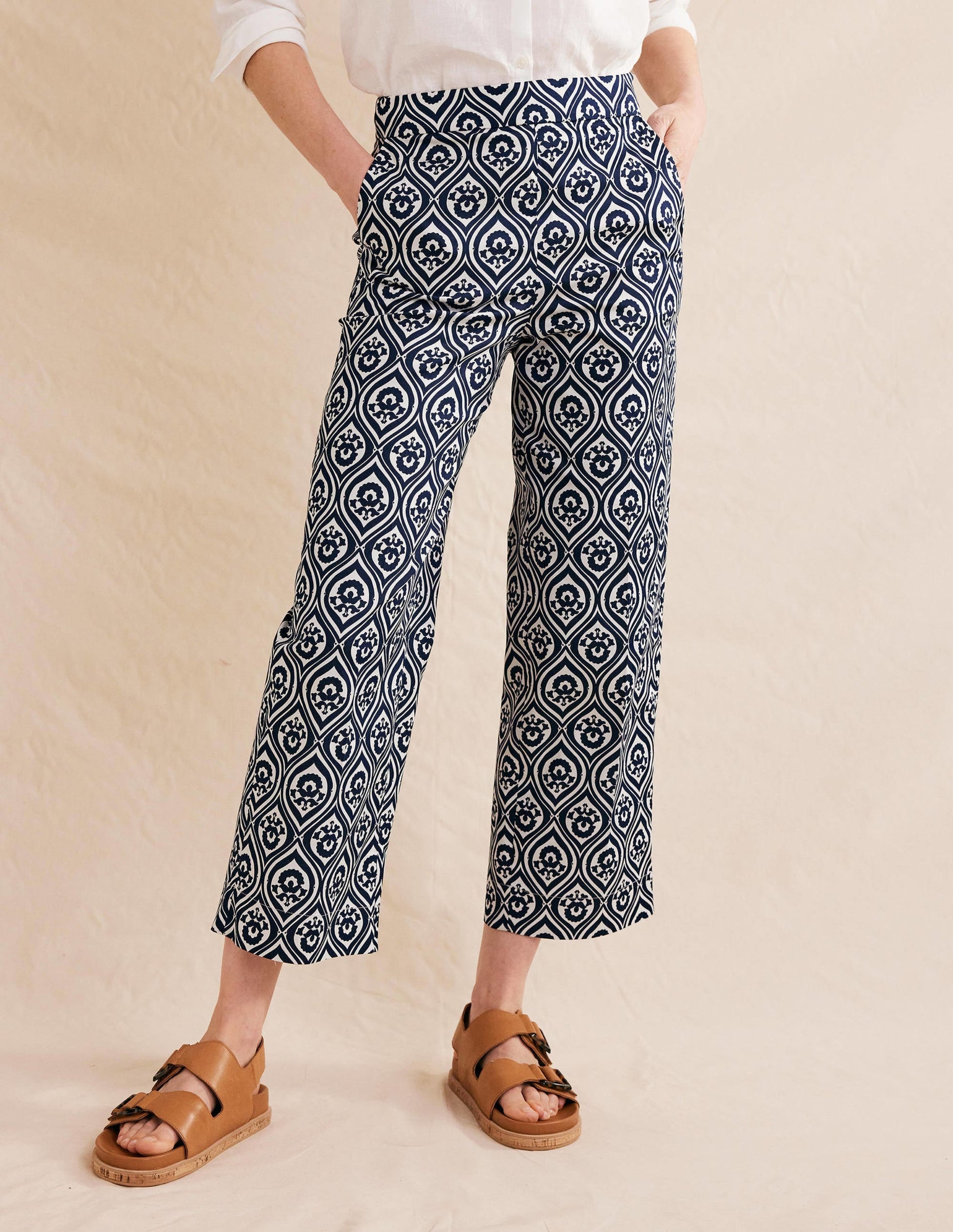 Printed Crop Trousers-French Navy, Geo Cascade Mono-3