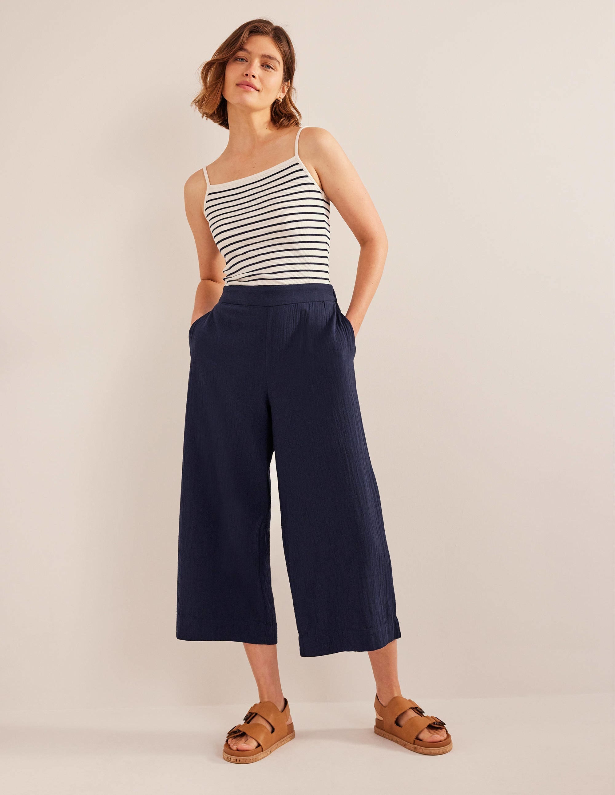 Pull-on Doublecloth Trousers-Navy - Image 1