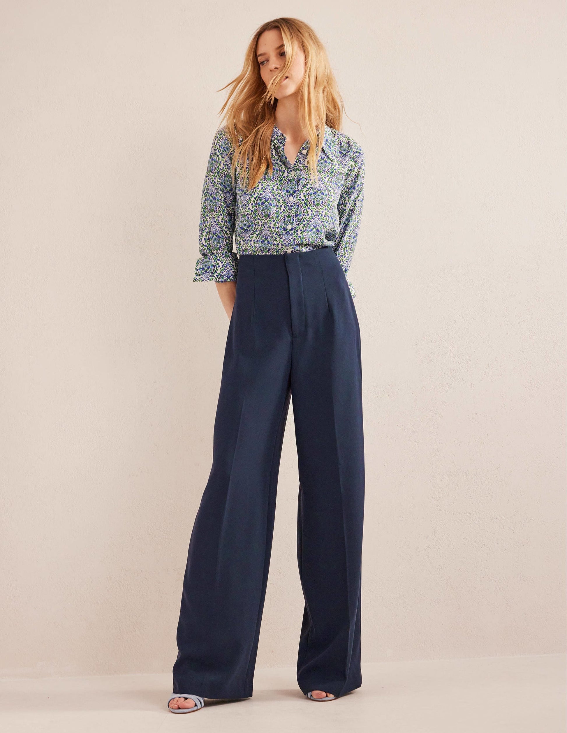 Wide Leg Crepe Trousers-Navy-1