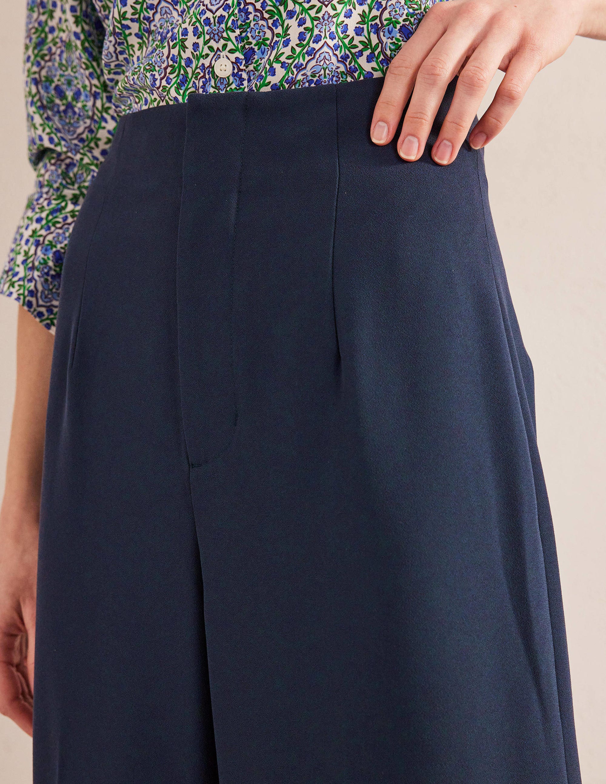 Wide Leg Crepe Trousers-Navy - Image 2