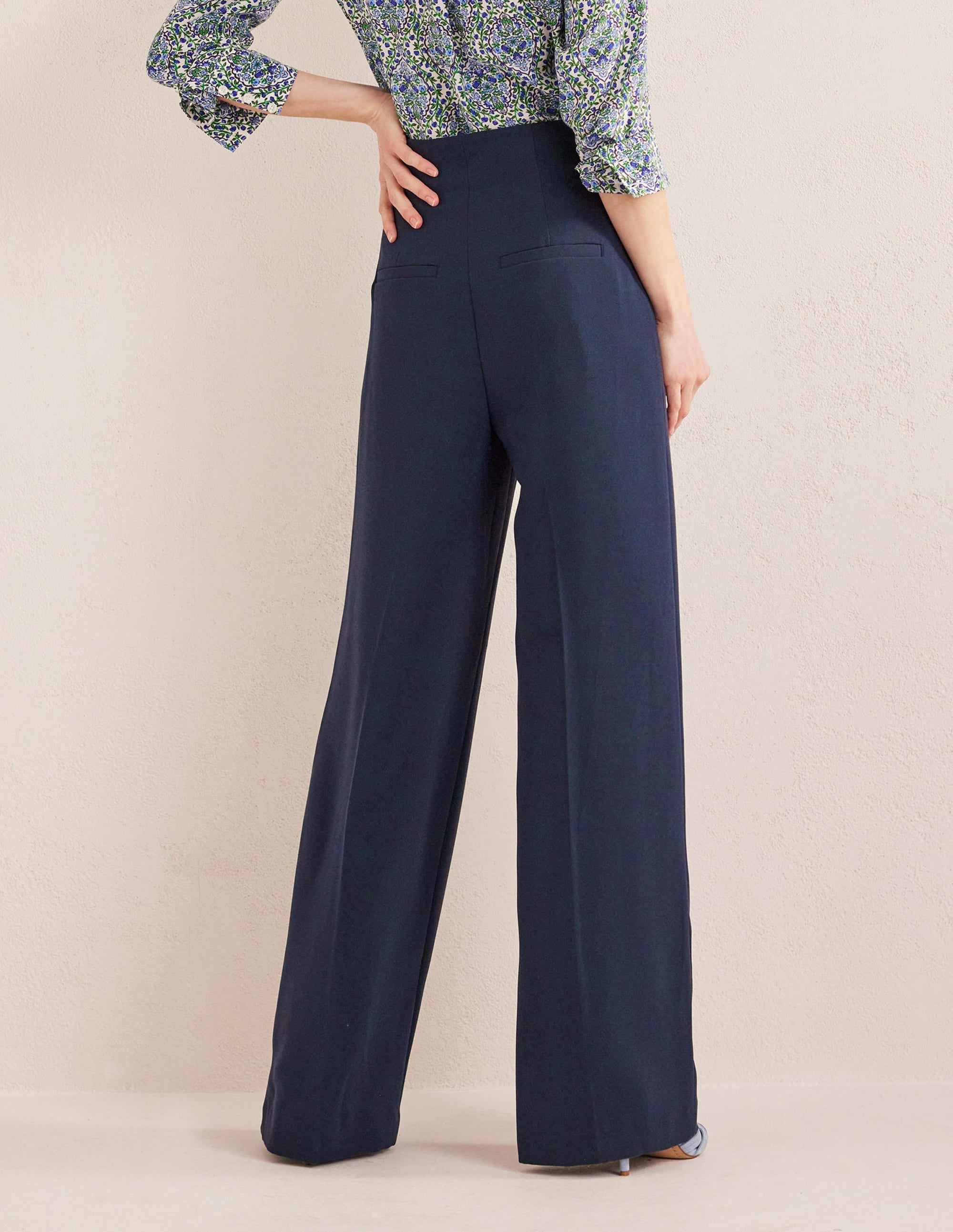 Wide Leg Crepe Trousers-Navy - Image 3