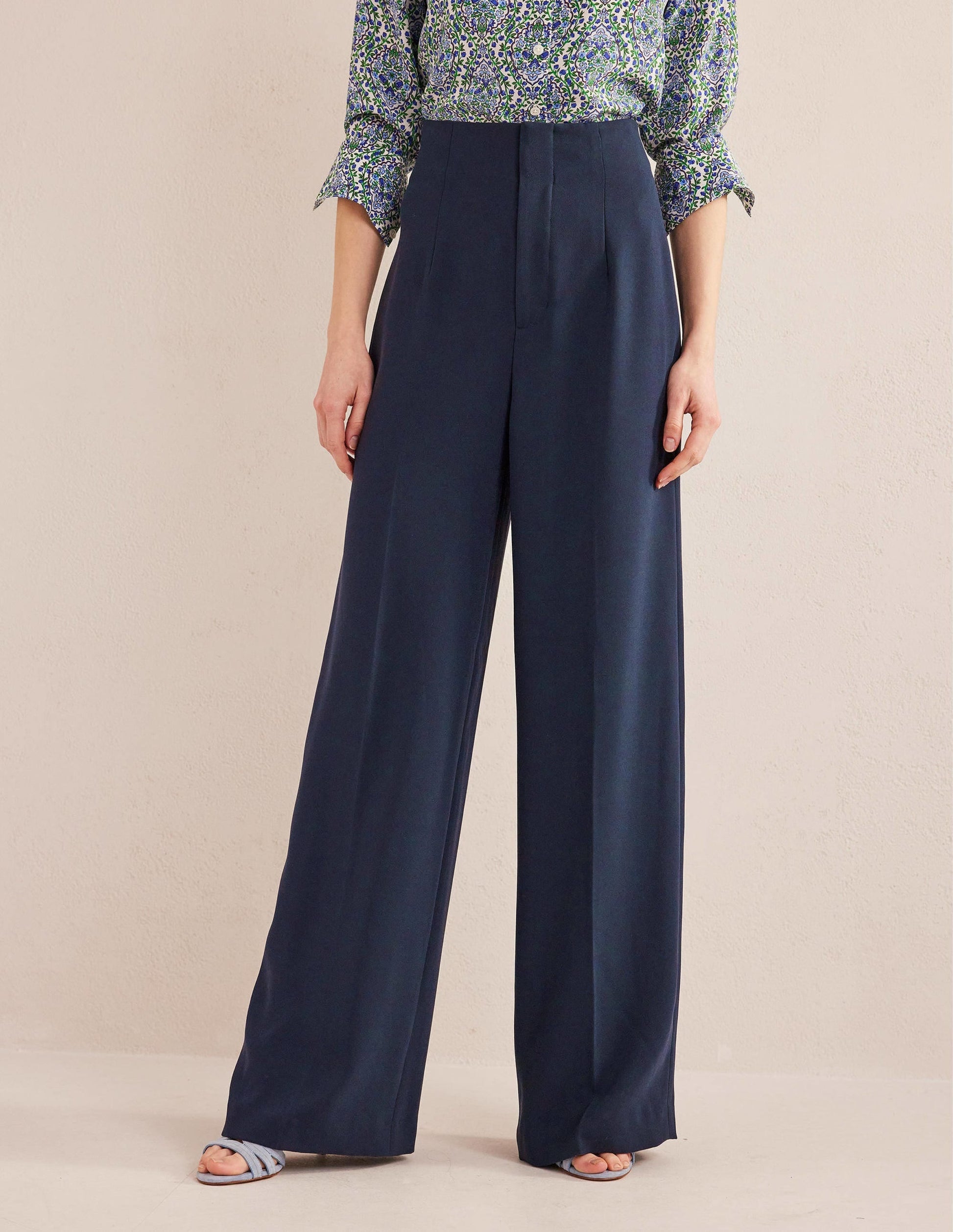 Wide Leg Crepe Trousers-Navy-4