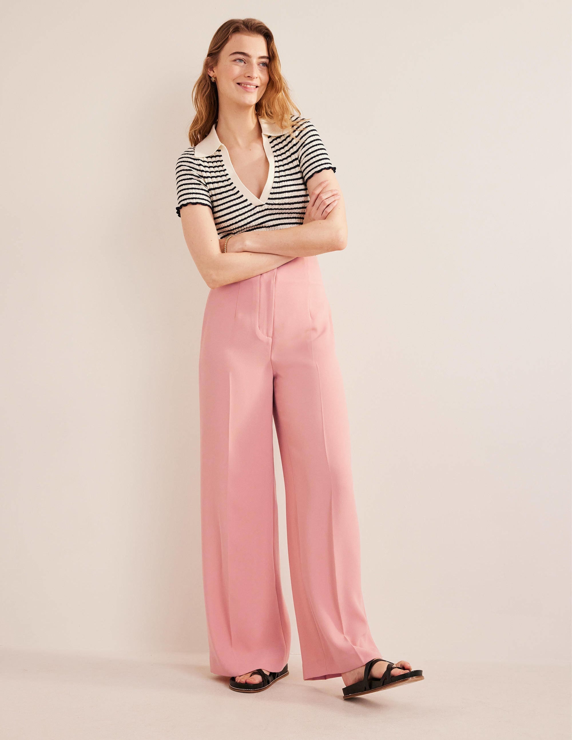 Wide Leg Crepe Trousers-Rose Pink - Image 1