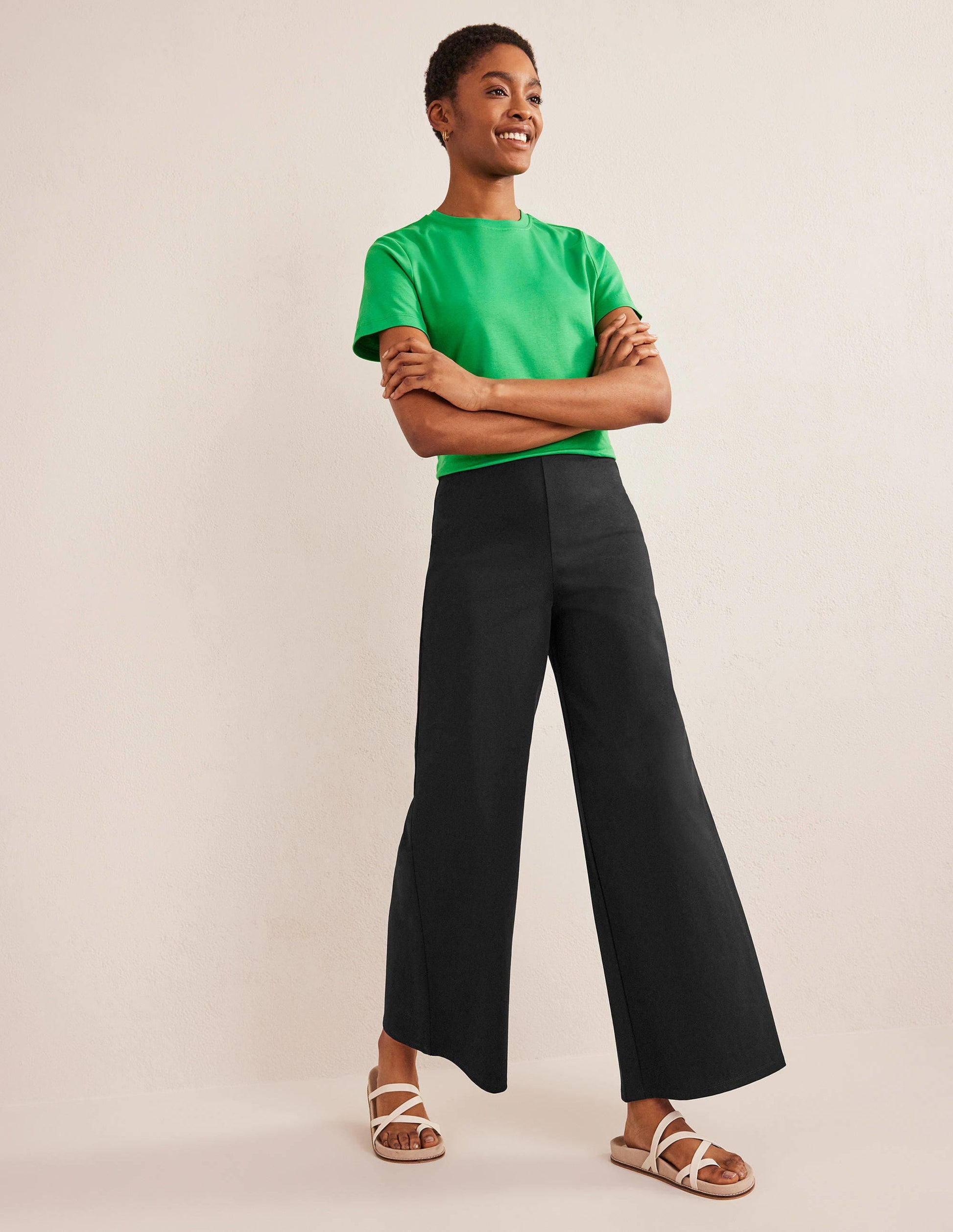 Wide Leg Jersey Trousers-Black-1