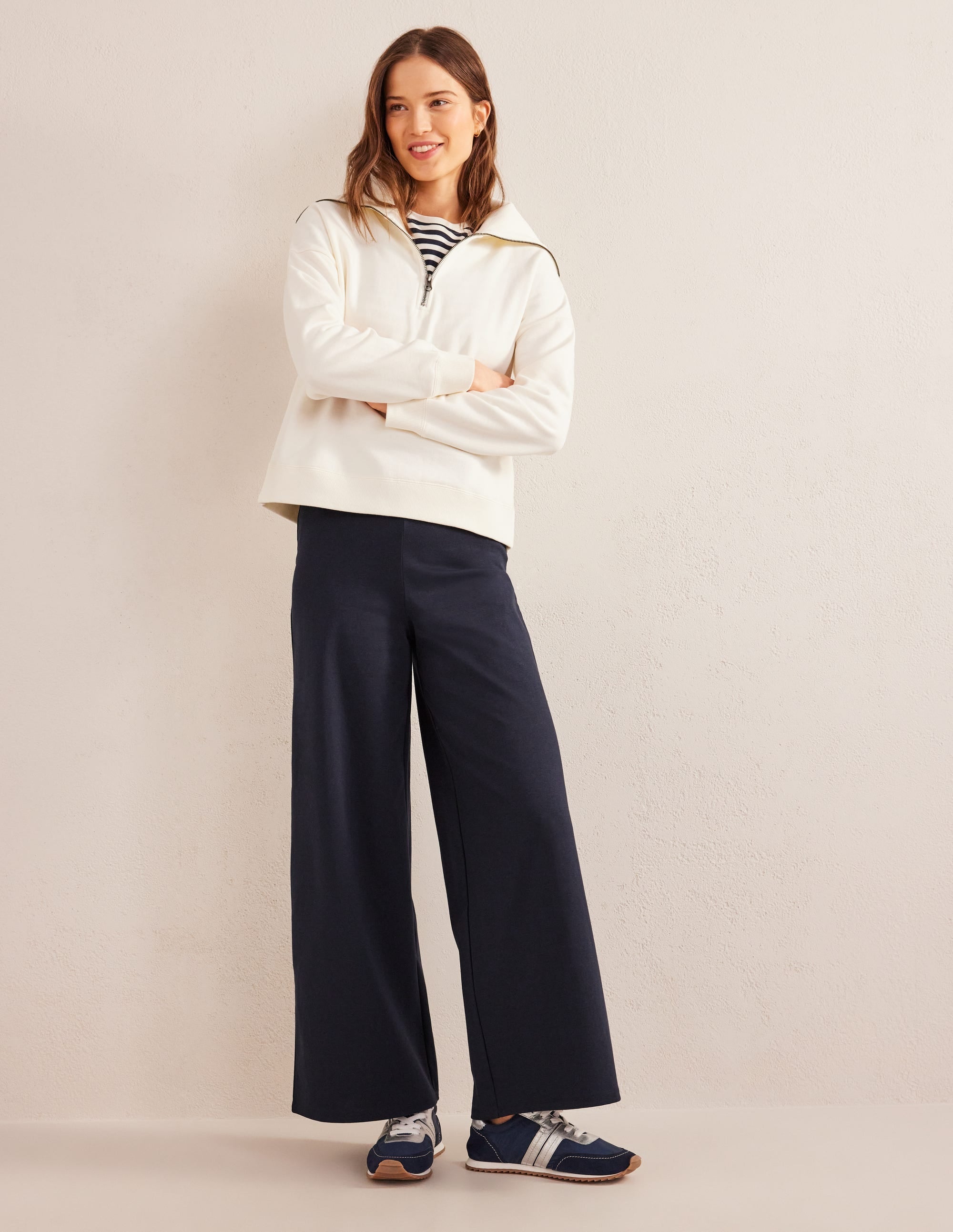 Wide Leg Jersey Trousers-Navy - Image 1