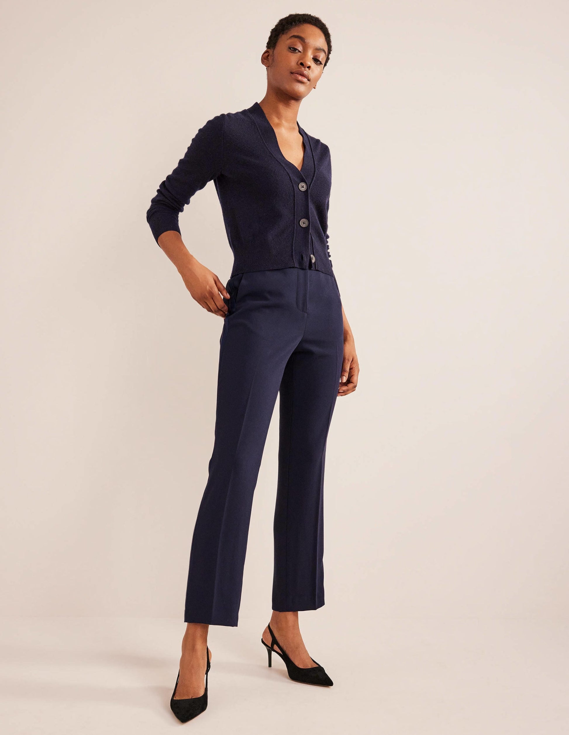 Straight Crepe Trousers-Navy with side stripe-1