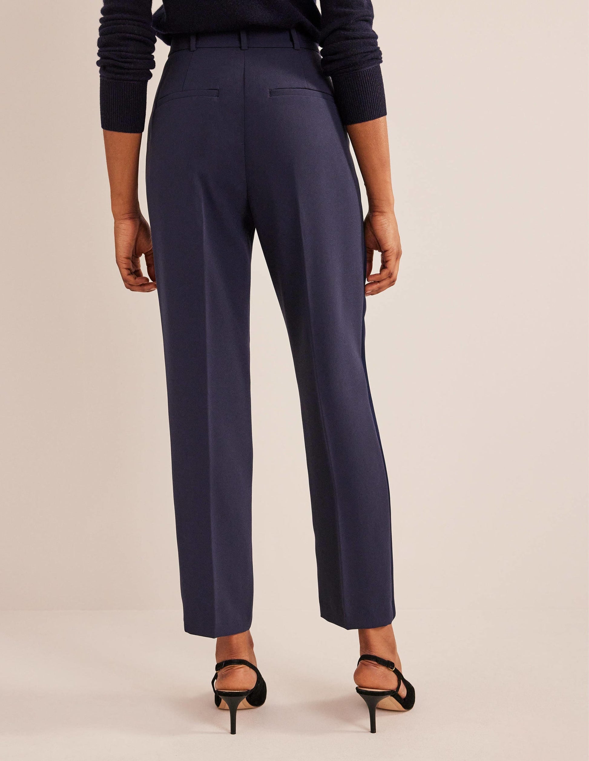 Straight Crepe Trousers-Navy with side stripe-3