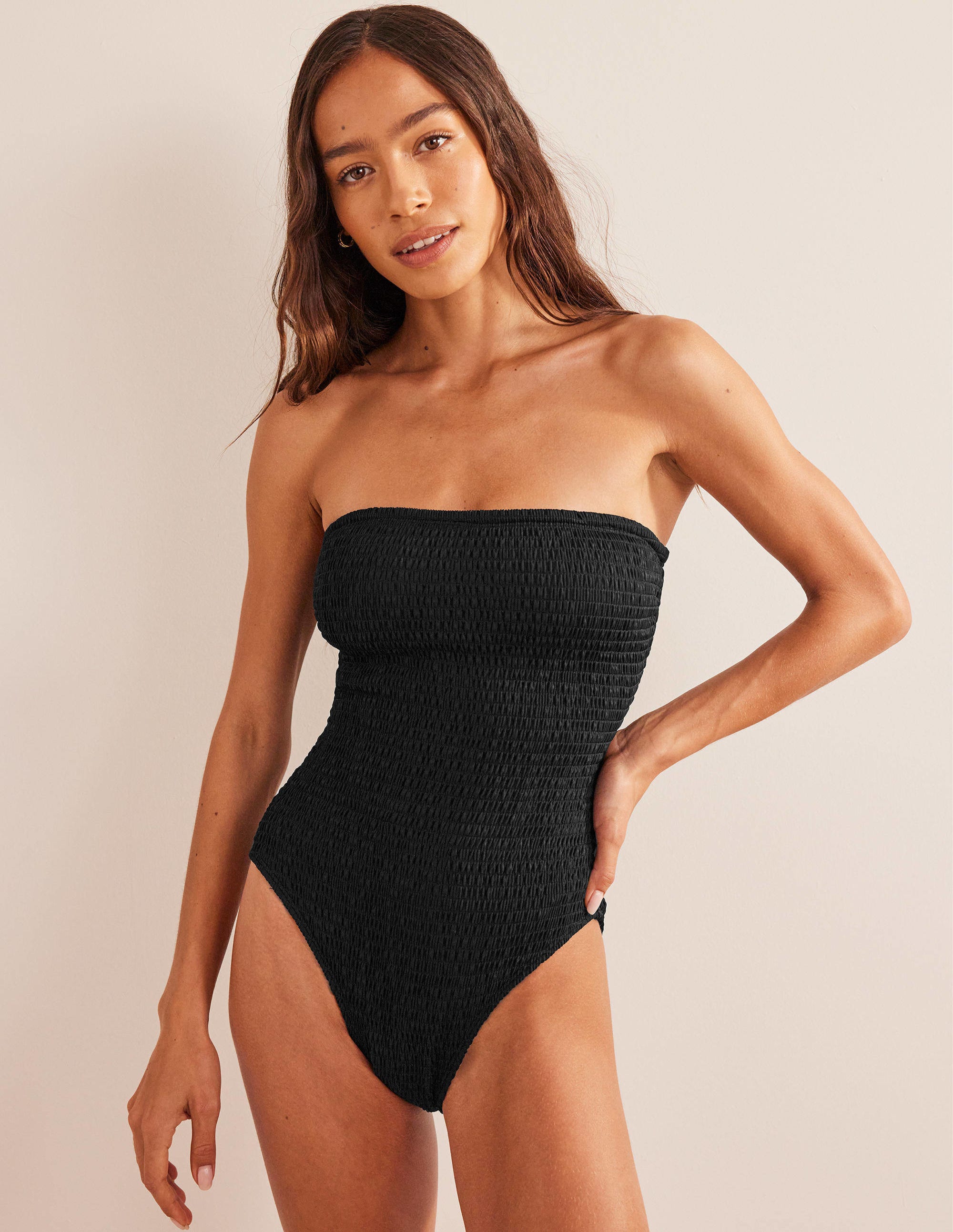 Milos Smocked Bandeau Swimsuit-Black - Image 4