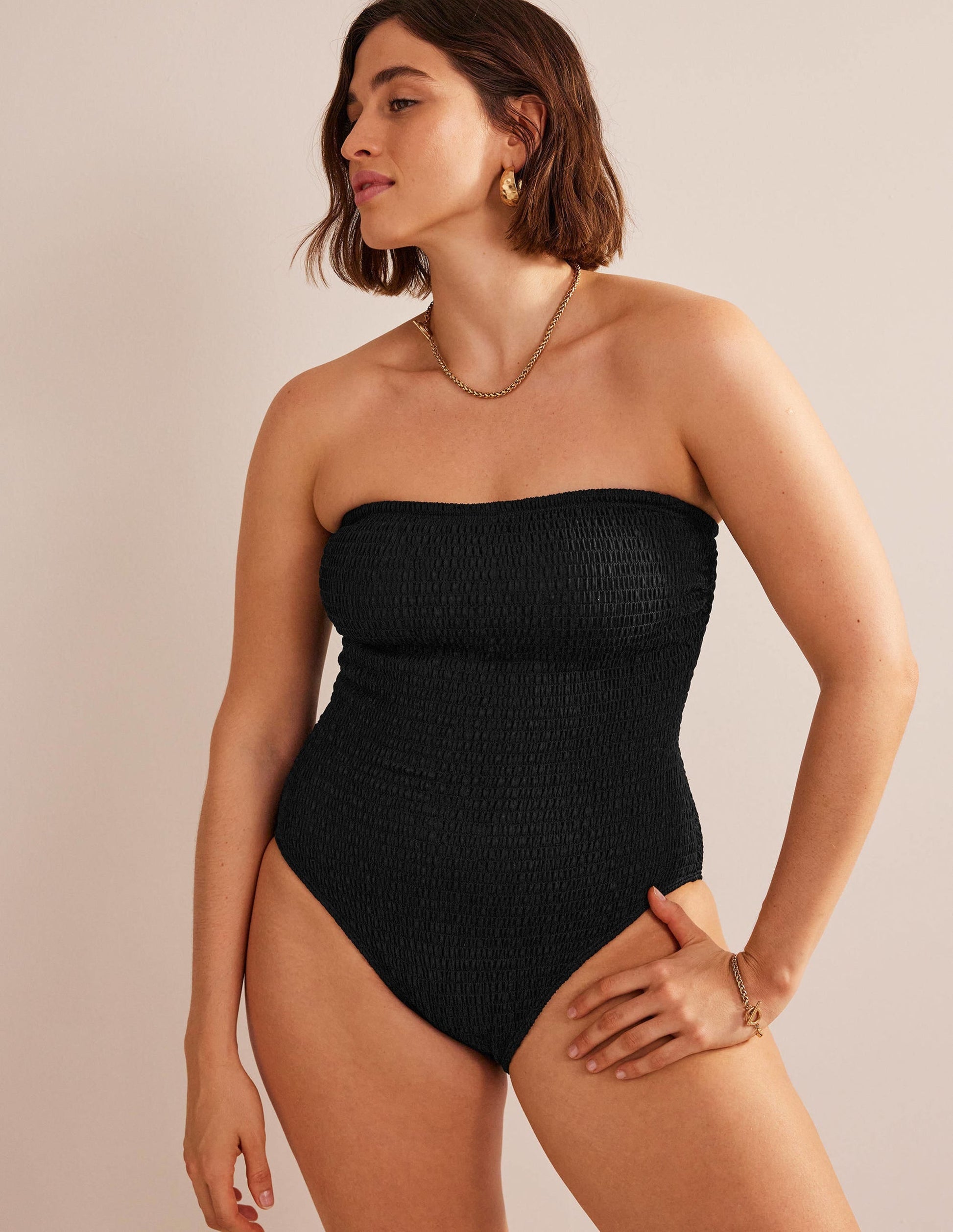 Milos Smocked Bandeau Swimsuit-Black-5