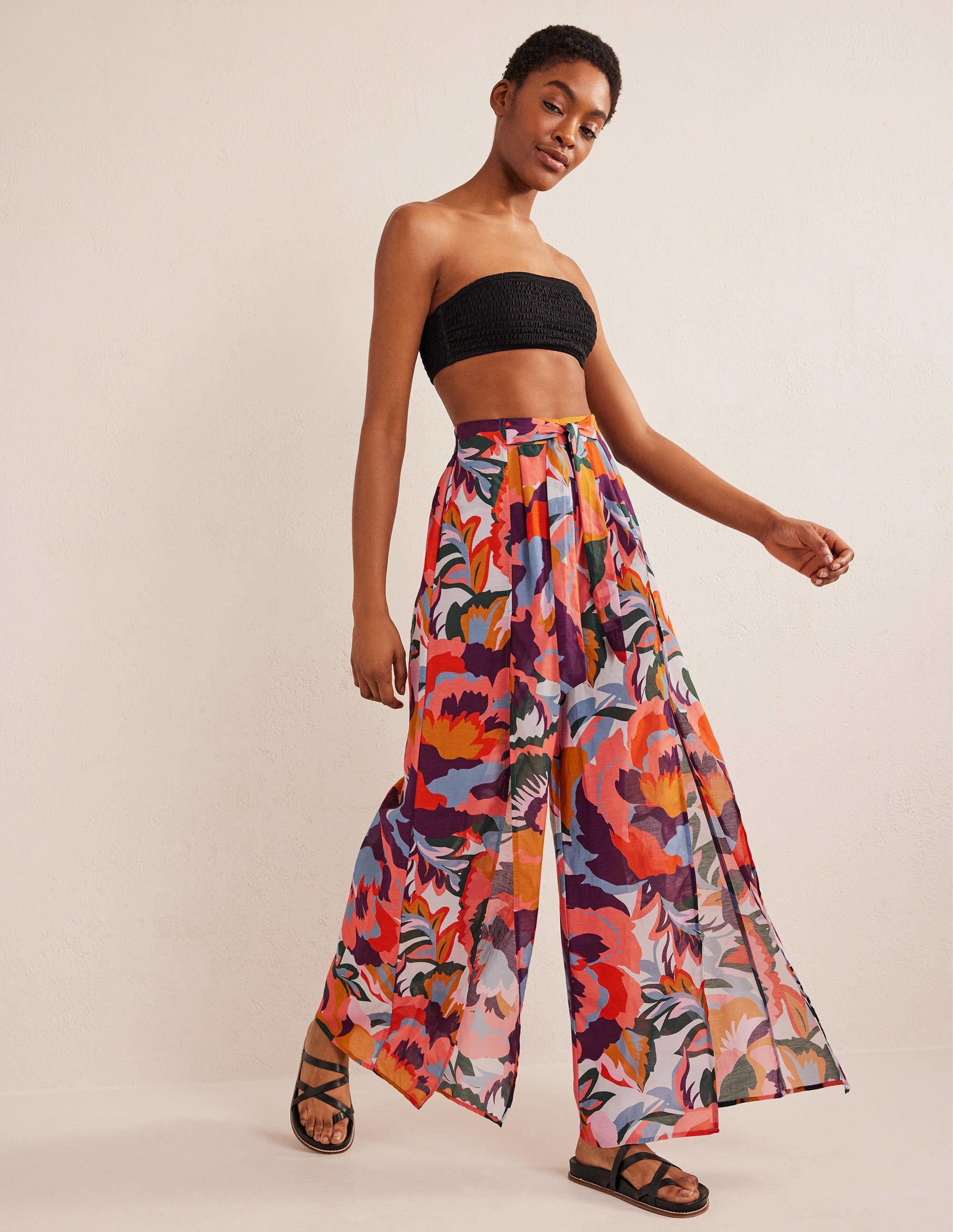 Pull On Side Split Trousers-Multi, Abstract Rose - Image 1