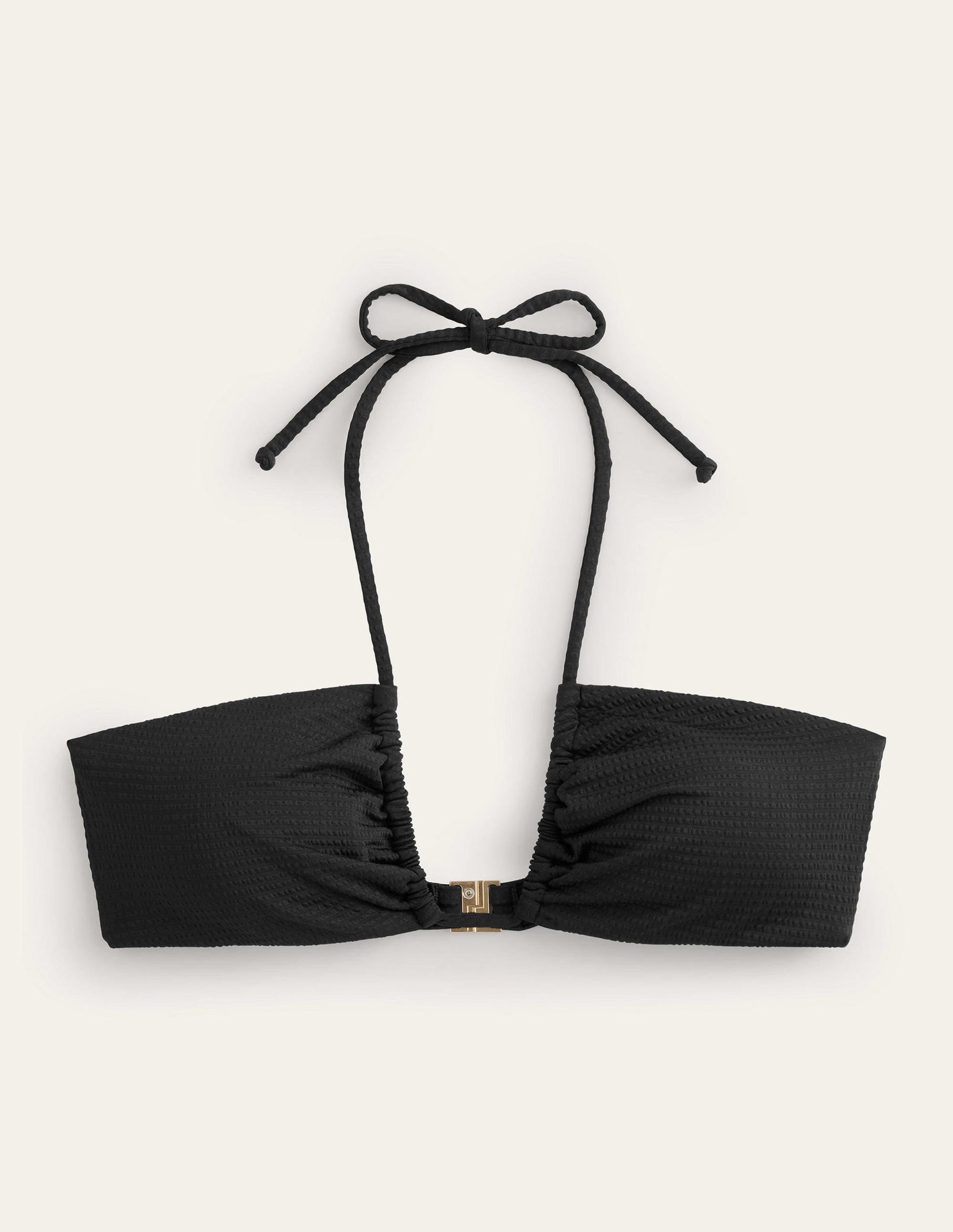 Cutout String Gather Bikini-Black Seersucker Texture-8