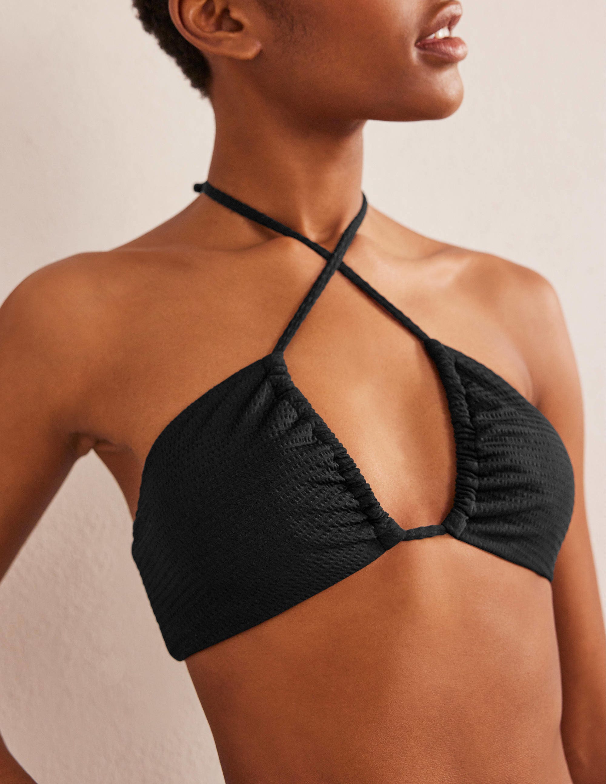 Cutout String Gather Bikini-Black Seersucker Texture - Image 2