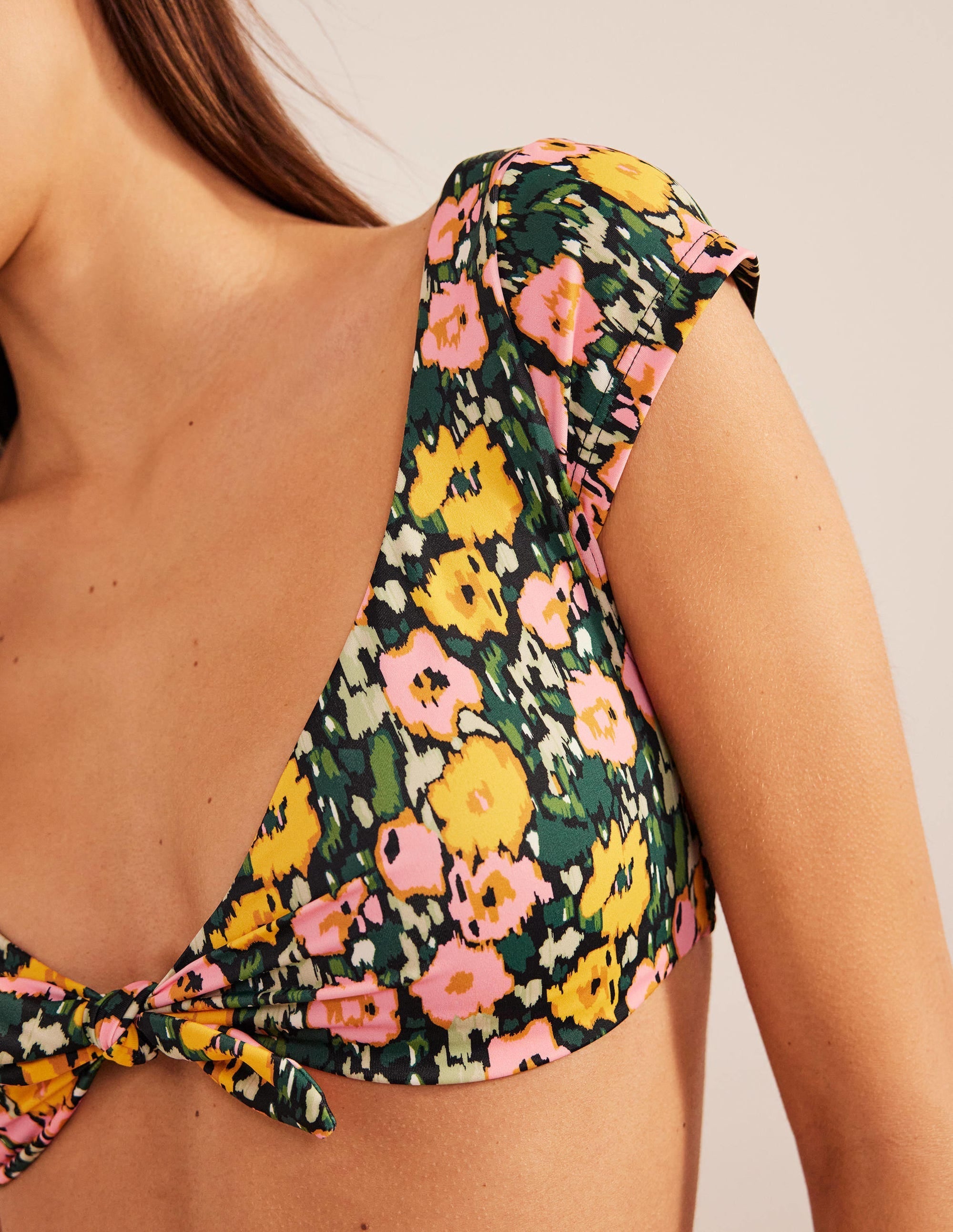 Cap Sleeve Tie Bikini Top-Emerald Night, Abstract Poppy - Image 2