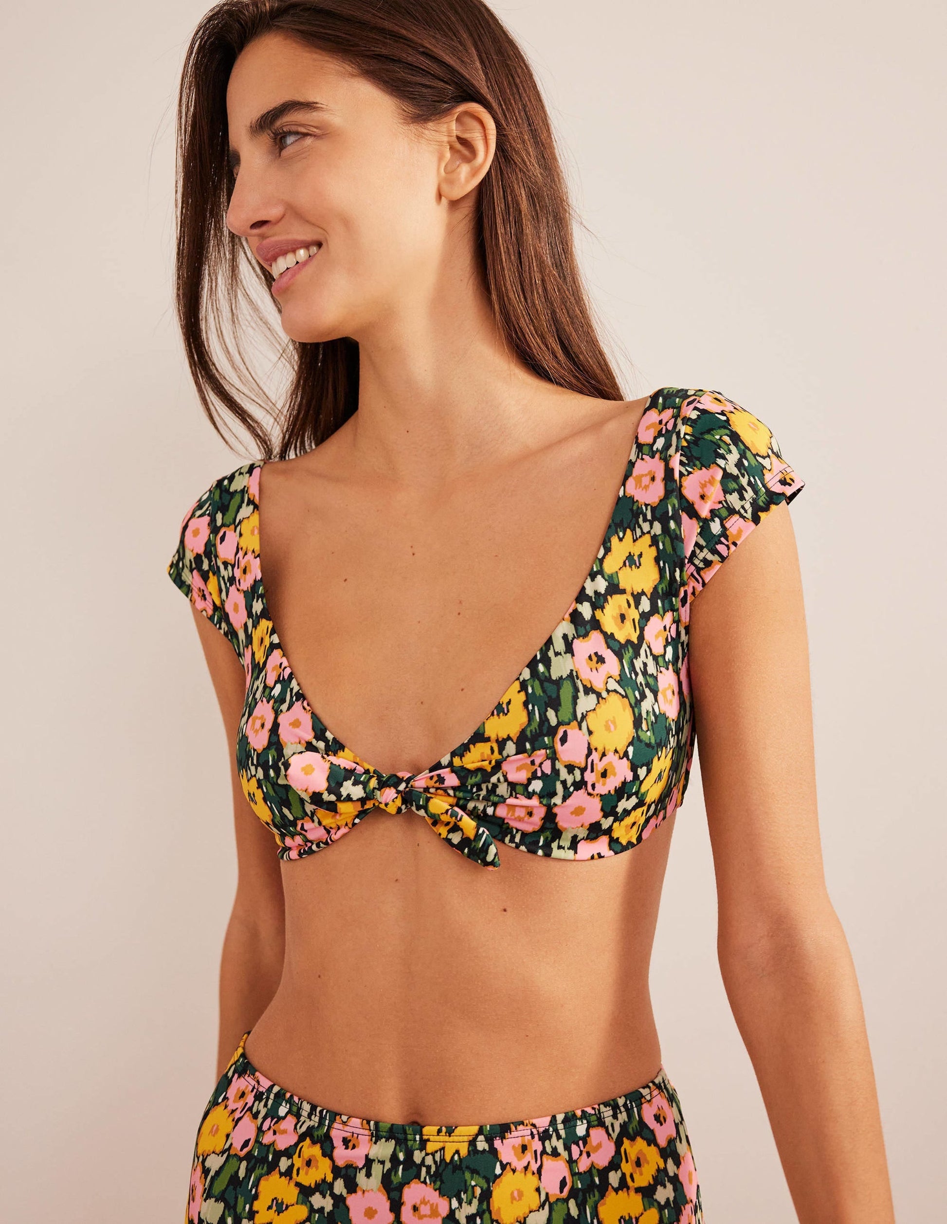 Cap Sleeve Tie Bikini Top-Emerald Night, Abstract Poppy-4