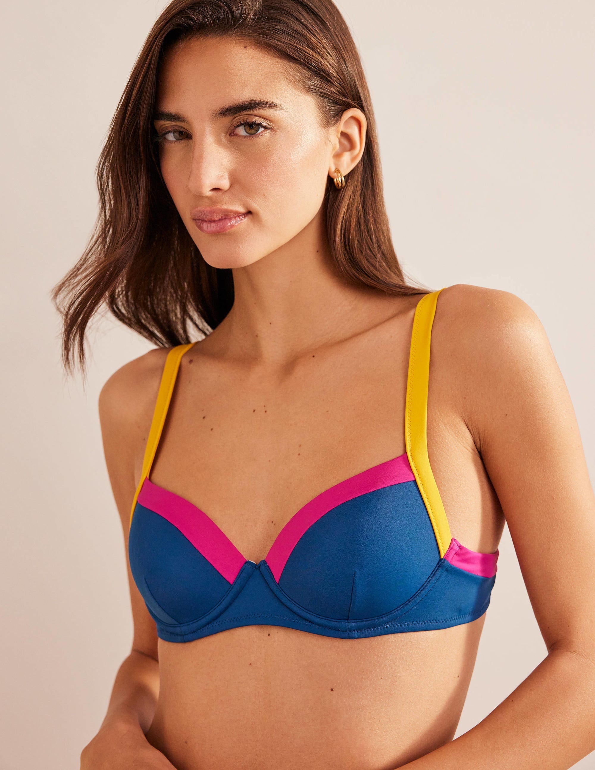 Panelled Cup-size Bikini Top-Blue, Yellow Colourblock - Image 1