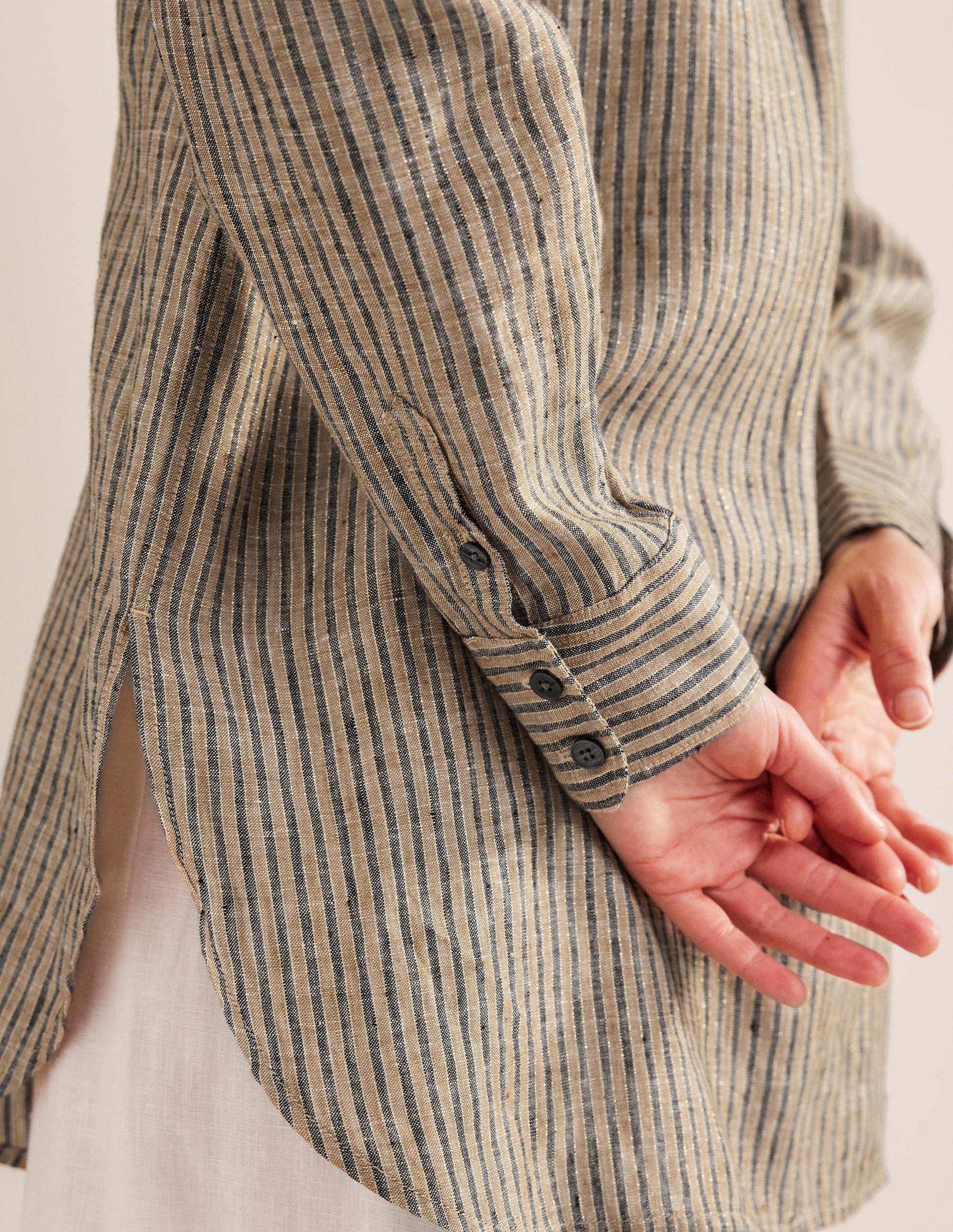 Relaxed Linen Shirt-Camel and Black Sparkle Stripe-2