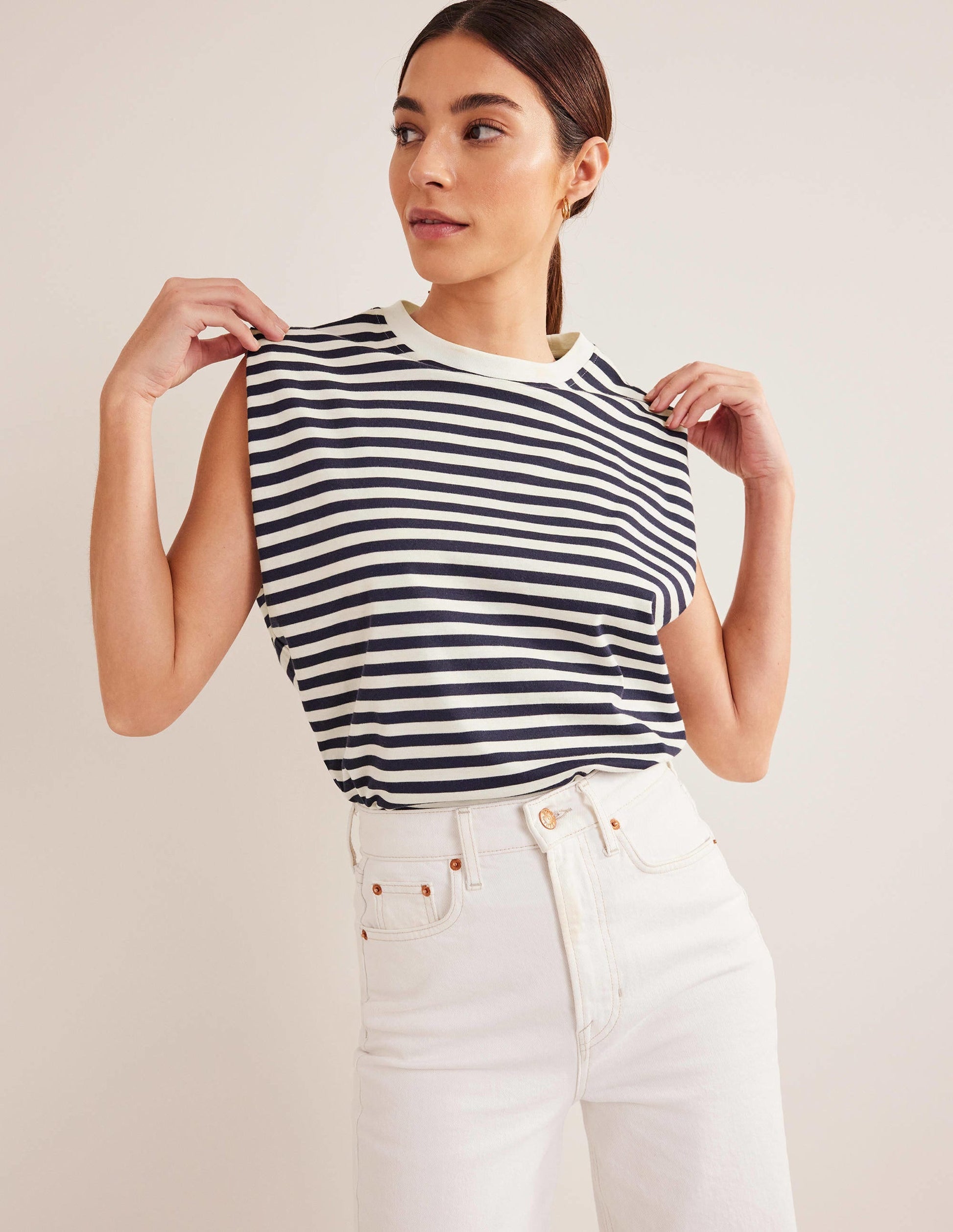 Perfect Cotton Sleeveless Top-Ivory / Navy Stripe-4