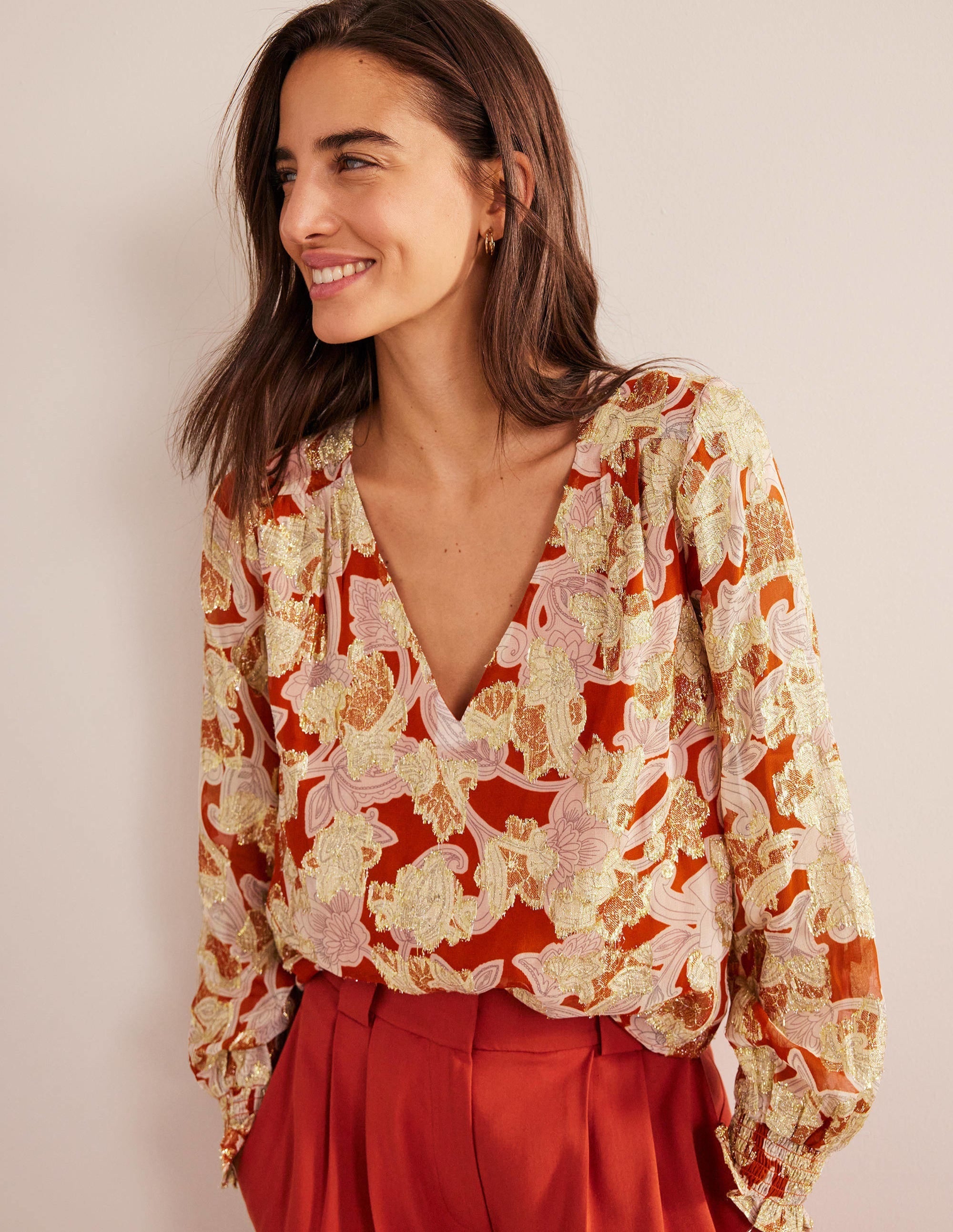 V Neck Jacquard Top-Rust, Paisley Whirl - Image 1